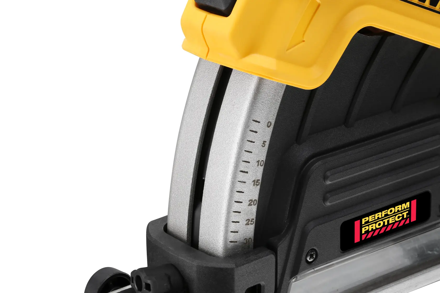 Primer plano de herramienta DEWALT con escala de inclinación y etiqueta Perform Protect en el cuerpo negro y amarillo.
