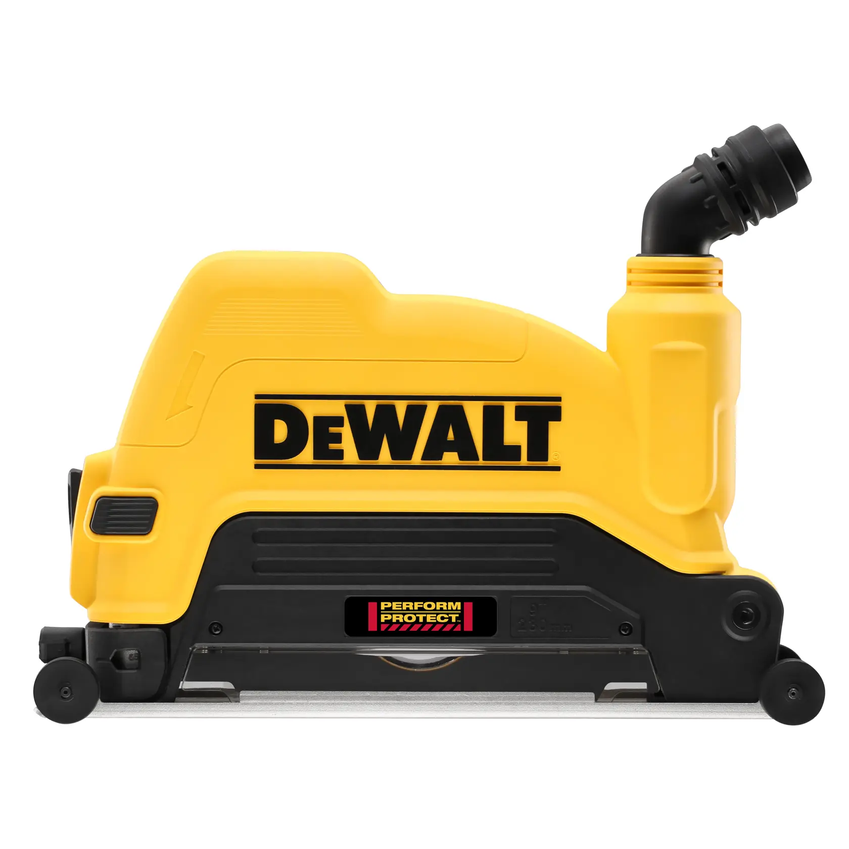 Murfresa DEWALT amarilla con accesorio de extracción de polvo y etiqueta de seguridad.