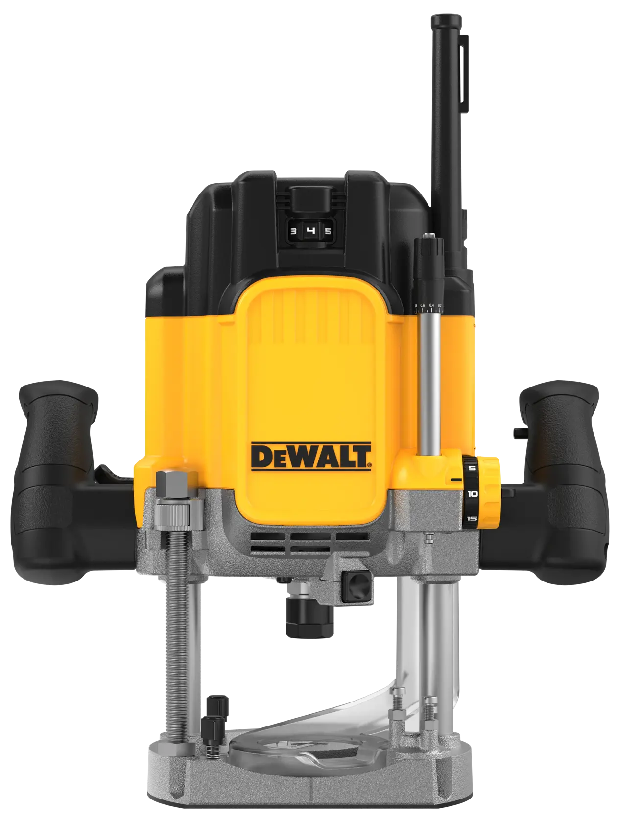 Front view of a DEWALT DWE625KT plunge router with black handles and visible adjustment controls.