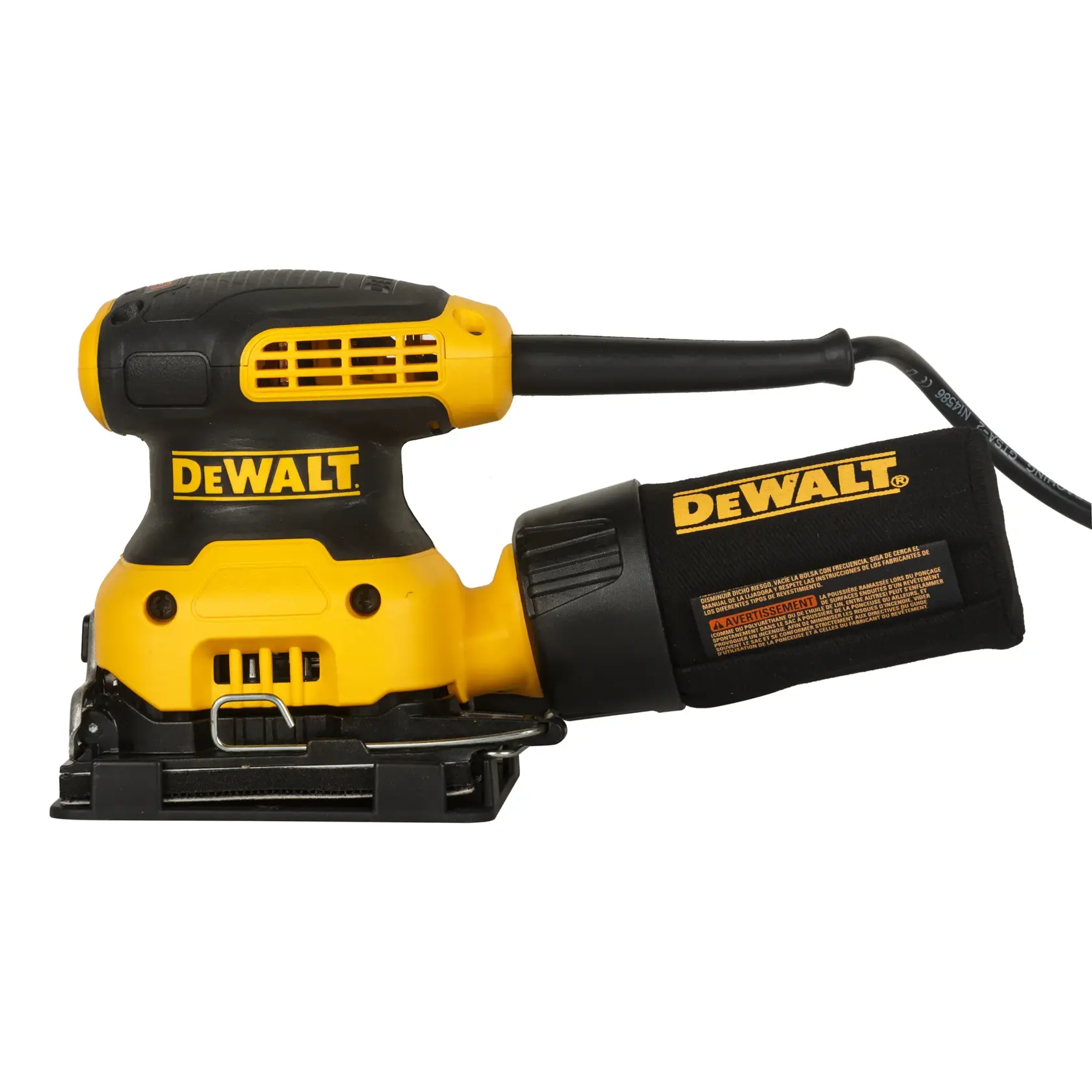 A yellow and black DEWALT electric palm sander with a dust collection bag and power cord attached, shown against a white background.