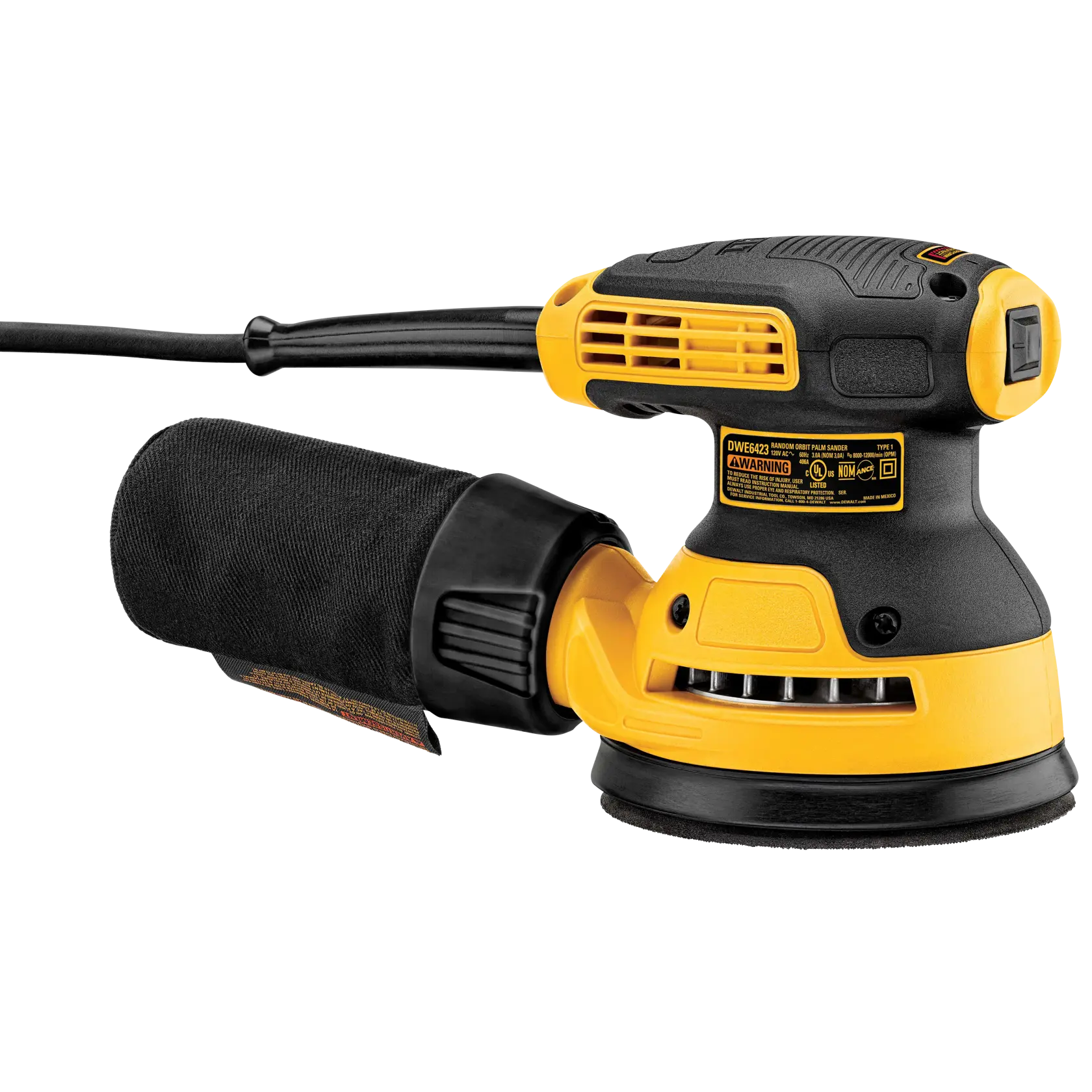 A close-up of a DEWALT random orbit sander with a black sanding pad and dust bag, model DWE6423-QS.