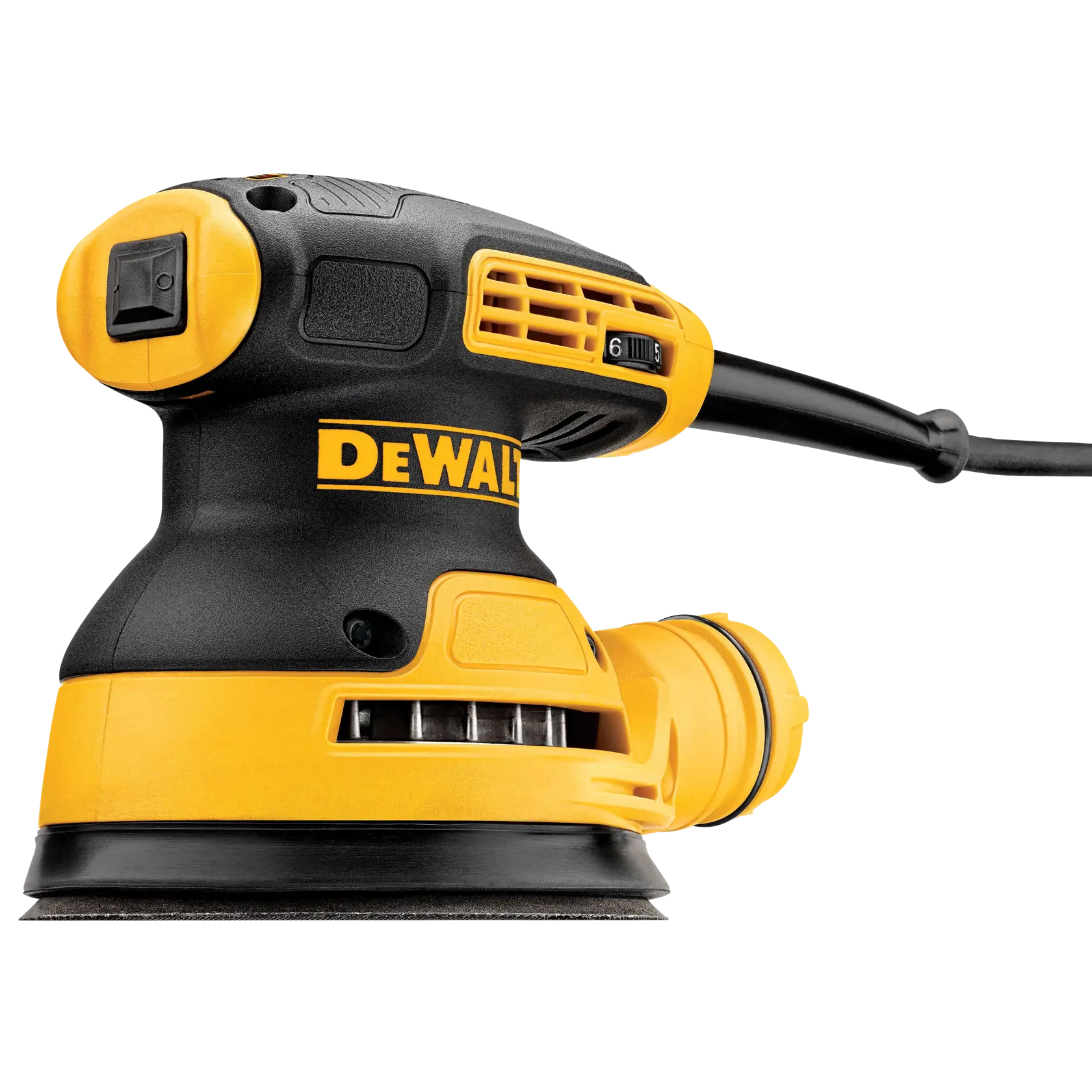 A DEWALT orbital sander, model DWE6423, featuring a yellow and black body, power cord, and speed adjustment dial. The tool is designed for sanding surfaces and is shown against a white background.