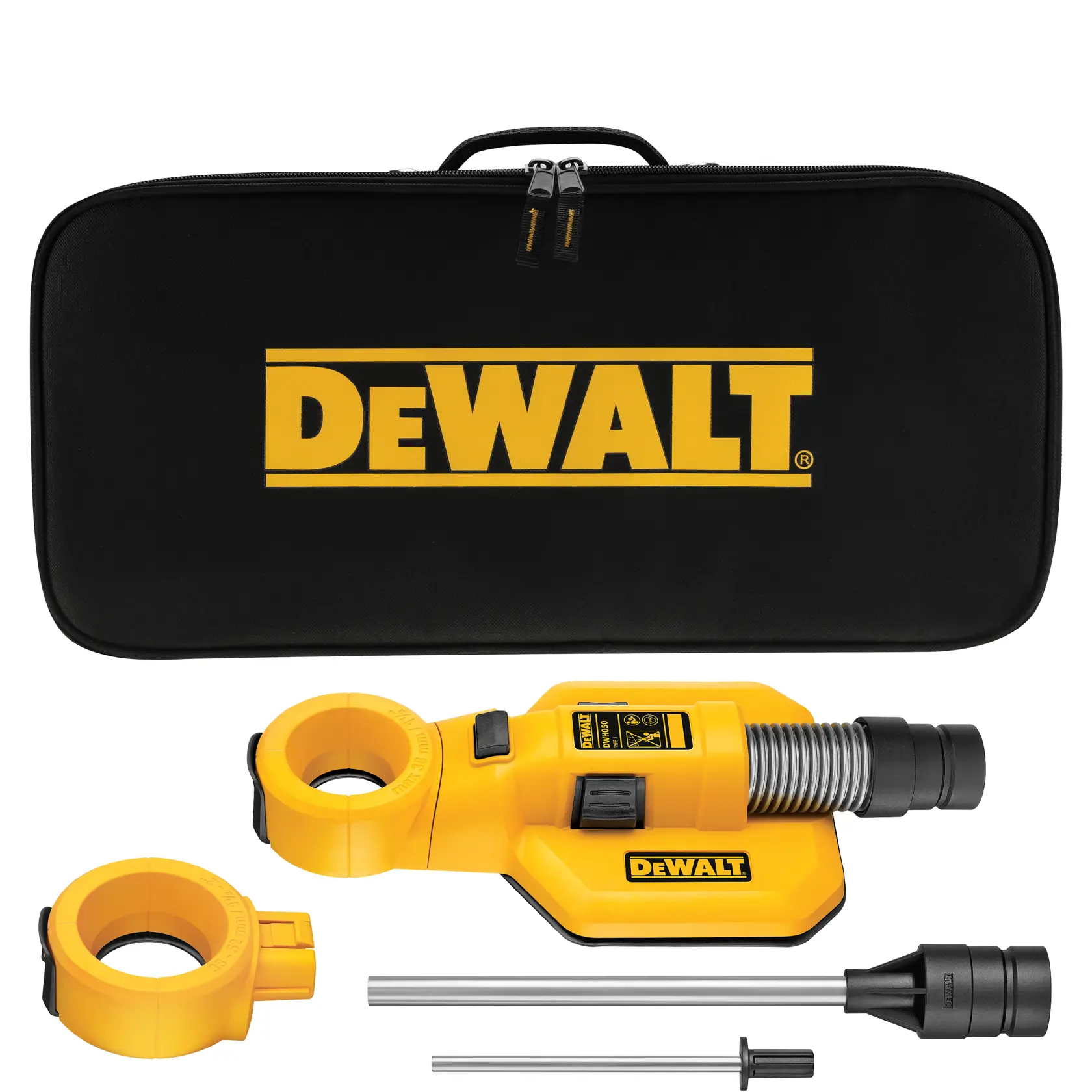 Kit de accesorios para recolección de polvo DEWALT que incluye un estuche de transporte negro con el logotipo amarillo DEWALT, un accesorio amarillo para recolectar polvo, anillos adicionales, varillas de conexión y una boquilla.