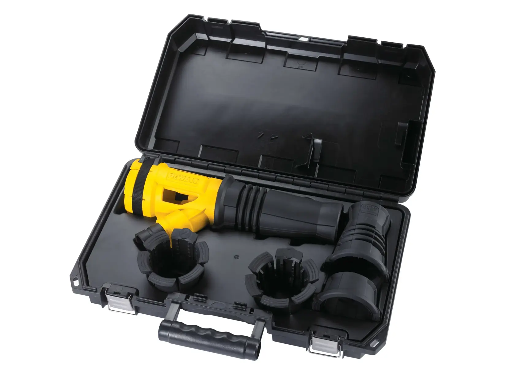 Kit de accesorios para extracción de polvo DEWALT DWH051 en estuche negro con varios adaptadores.