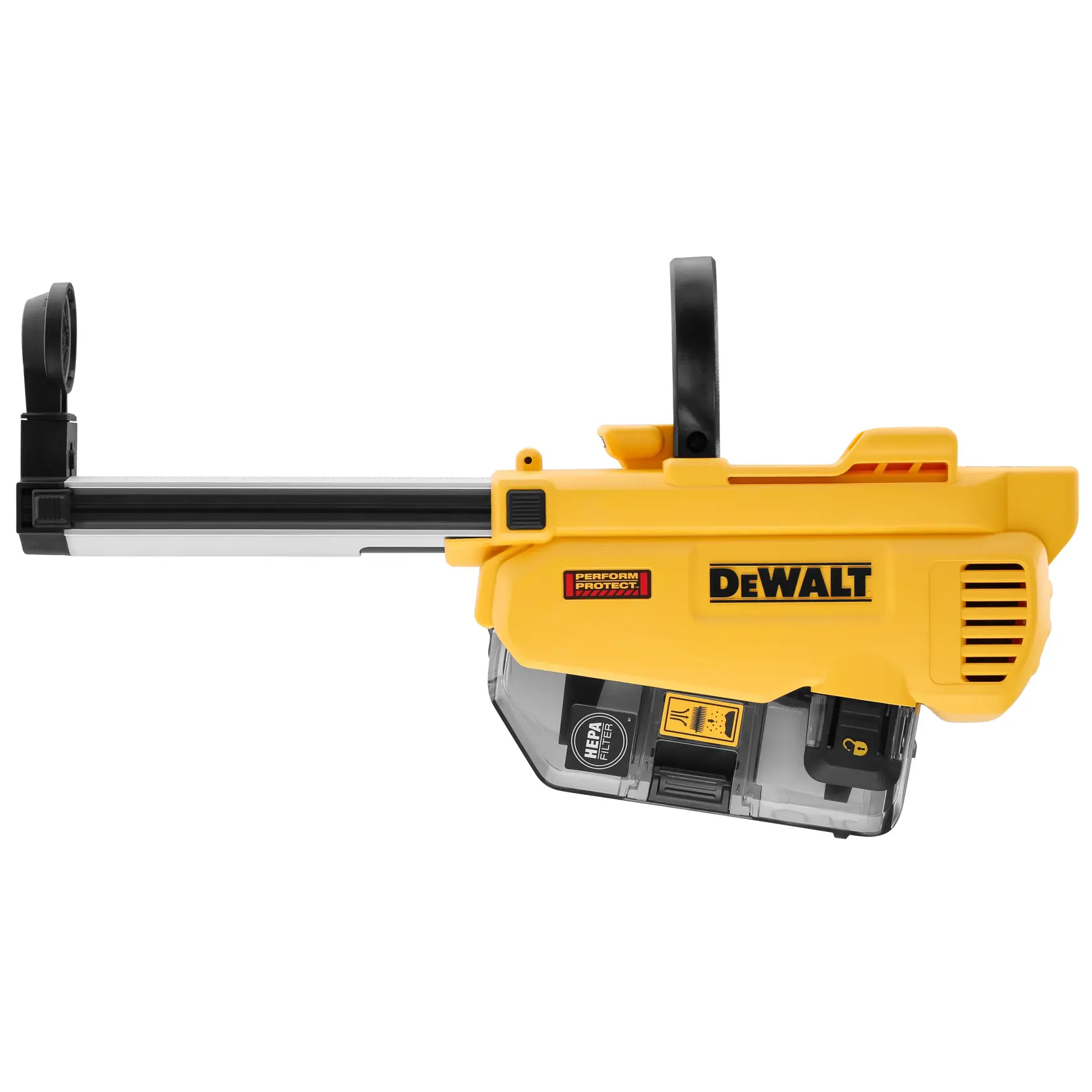 Gelber DEWALT DWH205DH Staubabsauger-Aufsatz mit Griff für mehr Sicherheit am Arbeitsplatz.
