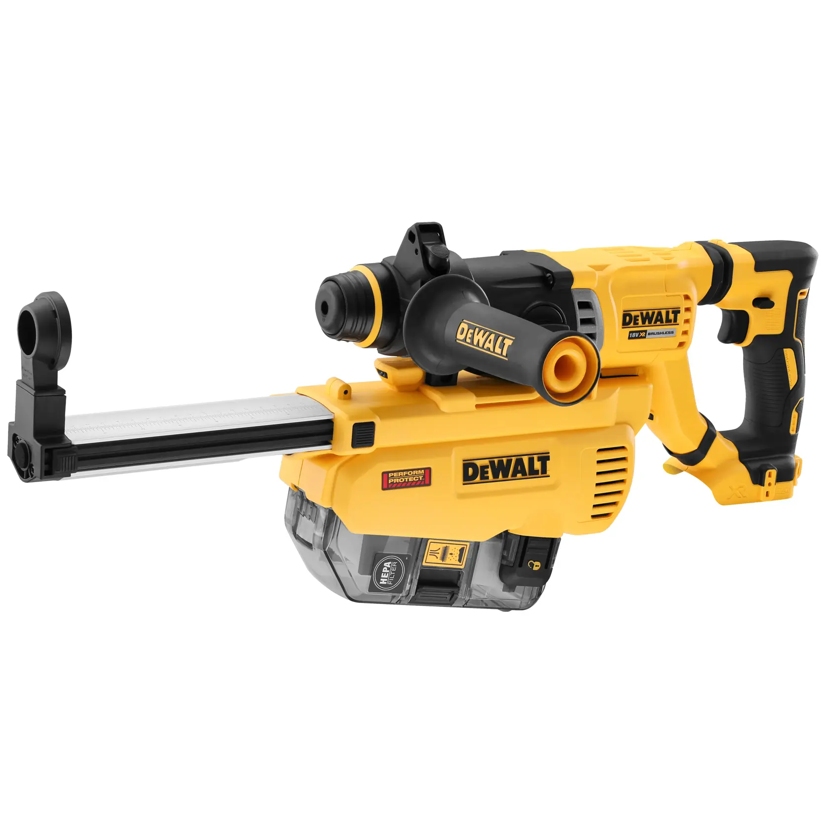 DEWALT DWH205DH gelb-schwarze Akku-Bohrmaschine mit Staubabsaugung auf weißem Hintergrund.