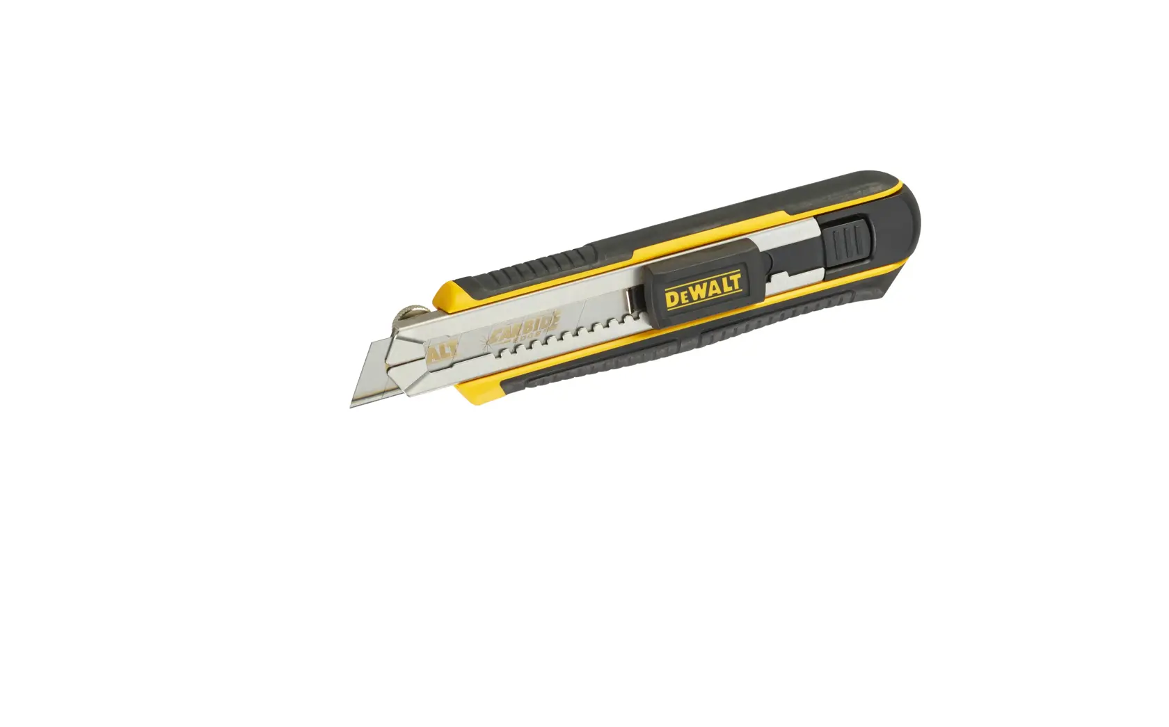 Cúter DEWALT con hoja retráctil y mango negro-amarillo, aislado sobre fondo blanco.