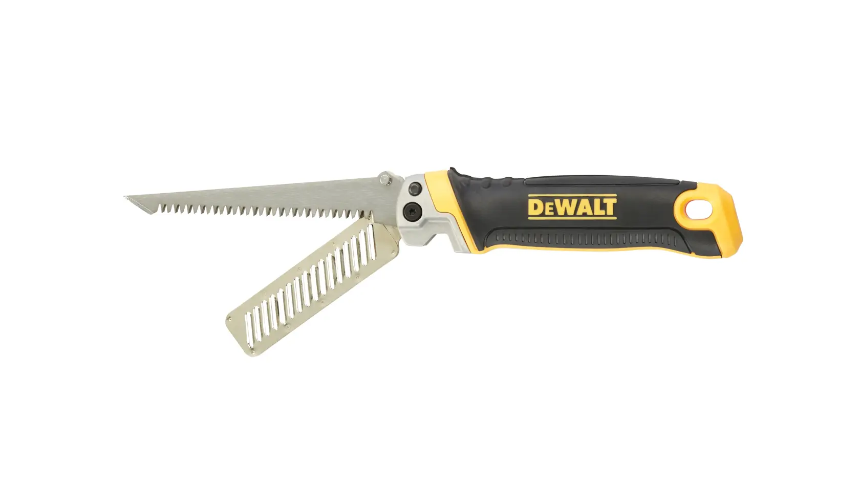Sierra plegable DEWALT para placas, mango ergonómico y hoja auxiliar, diseño negro y amarillo.