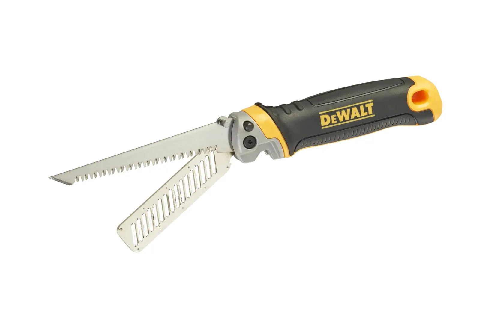 Sierra plegable DEWALT con mango negro y amarillo y dos hojas abiertas, ideal para madera o tablaroca.