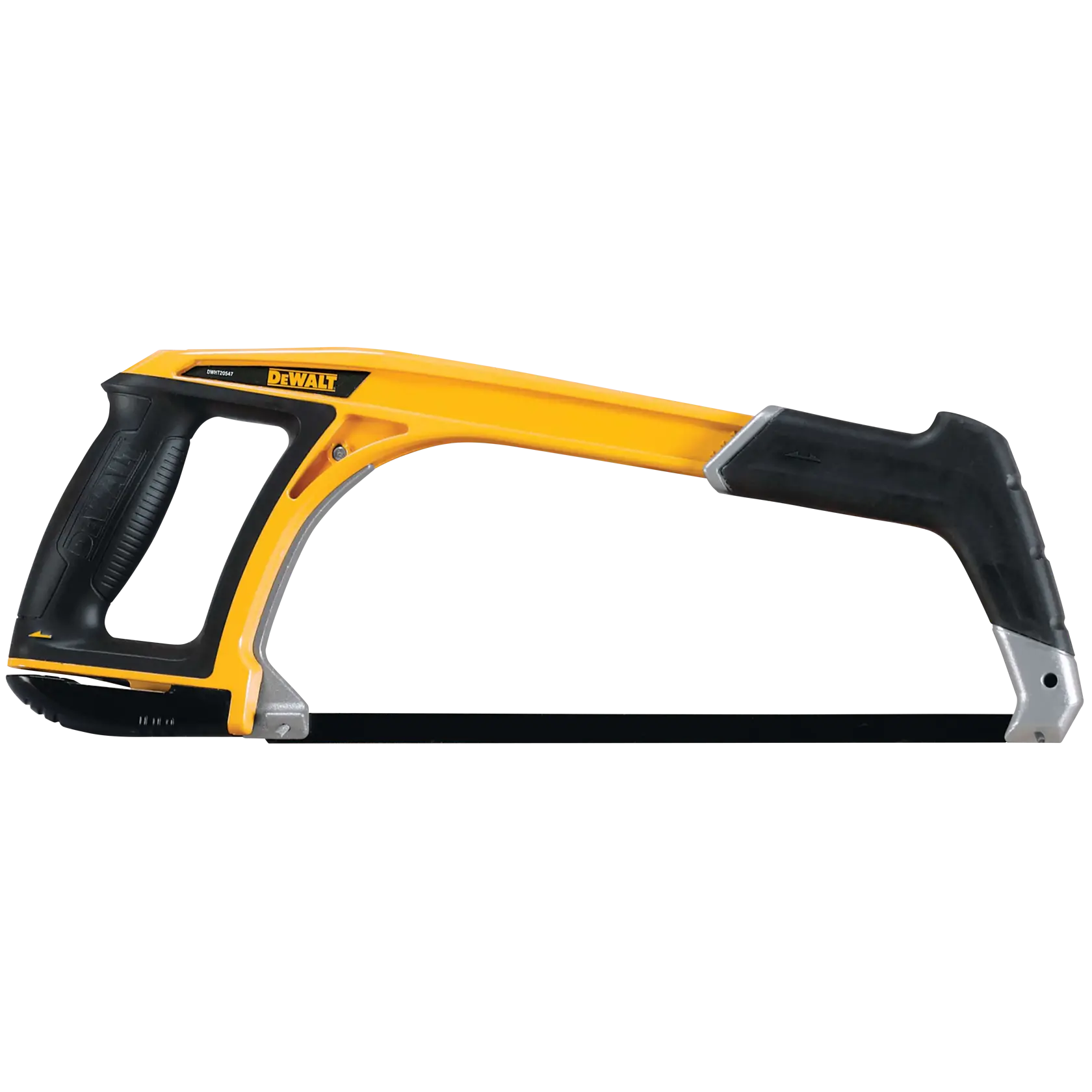 Una sierra de arco DEWALT con estructura amarilla y negra, mango ergonómico y hoja expuesta, diseñada para cortar metal y otros materiales.