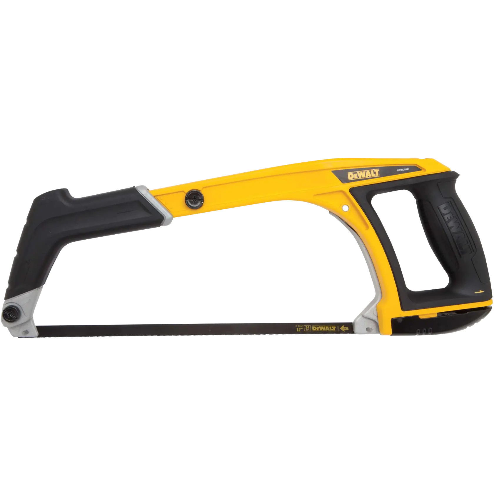 Una sierra de mano DEWALT con mango amarillo y negro, diseñada para cortar tubos de metal o plástico. La sierra tiene un agarre ergonómico y una hoja recta.