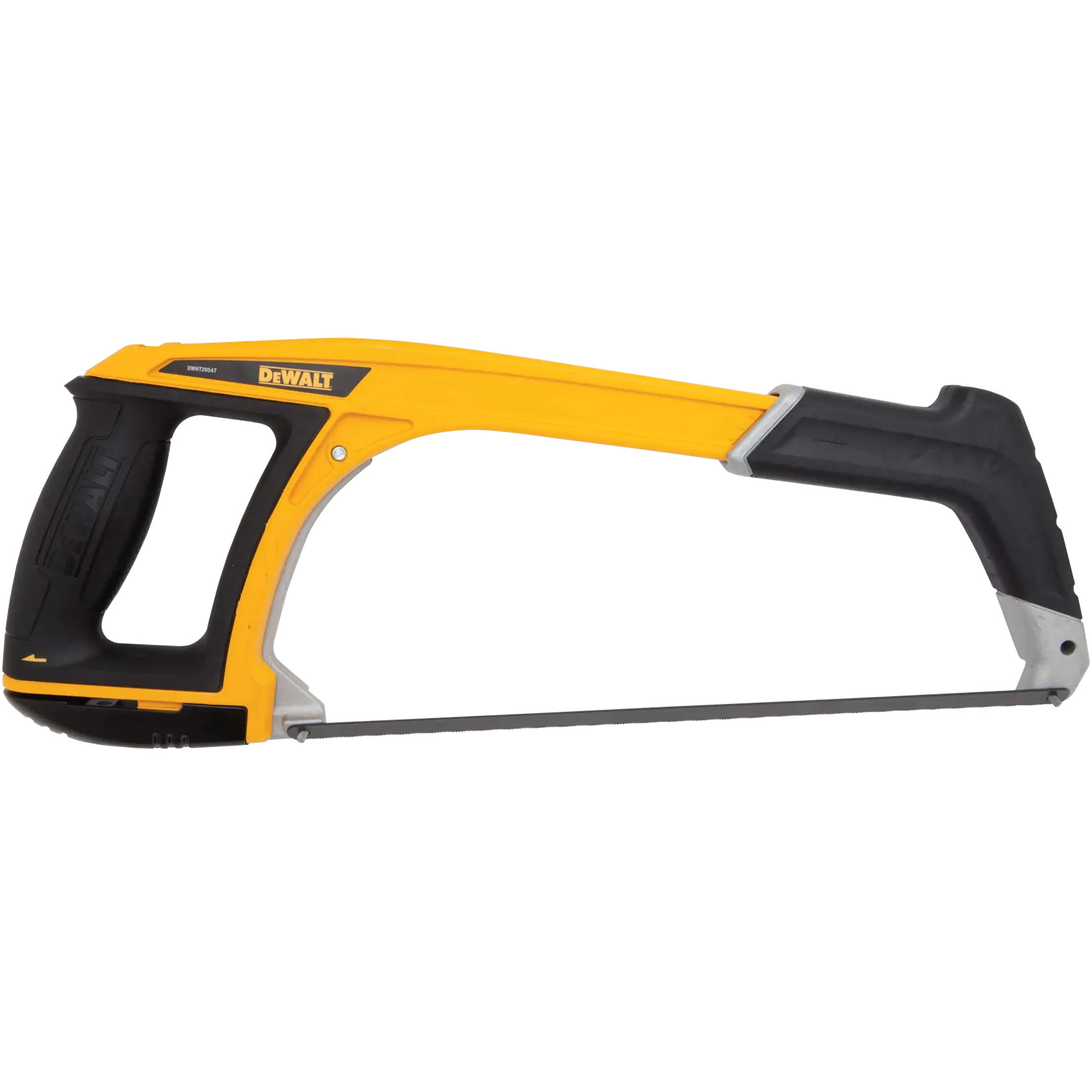 Sierra de mano DEWALT con mango amarillo y negro, diseñada para cortes precisos. La sierra es ligera y tiene un agarre ergonómico.