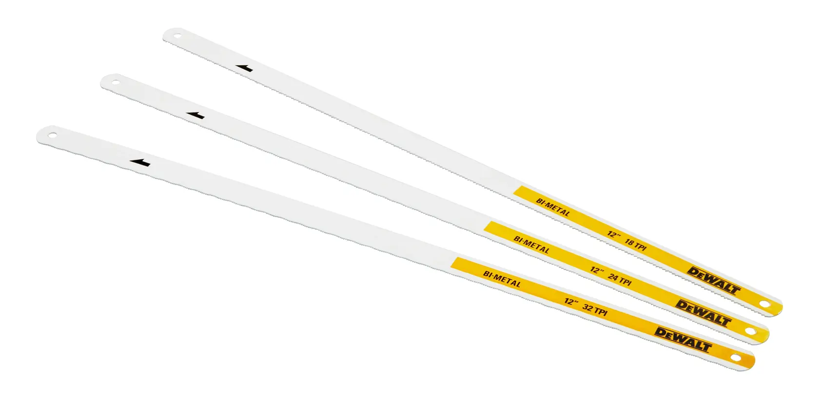 Drei DEWALT Bi-Metall Sägeblätter, 12 Zoll, gelb und weiß, nebeneinander auf weißem Hintergrund.