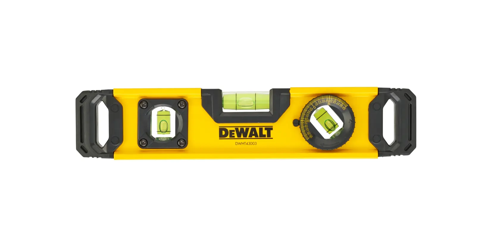 Nivel amarillo DEWALT DWHT0-43003 con tres burbujas y extremos negros, usado para nivelar con precisión.