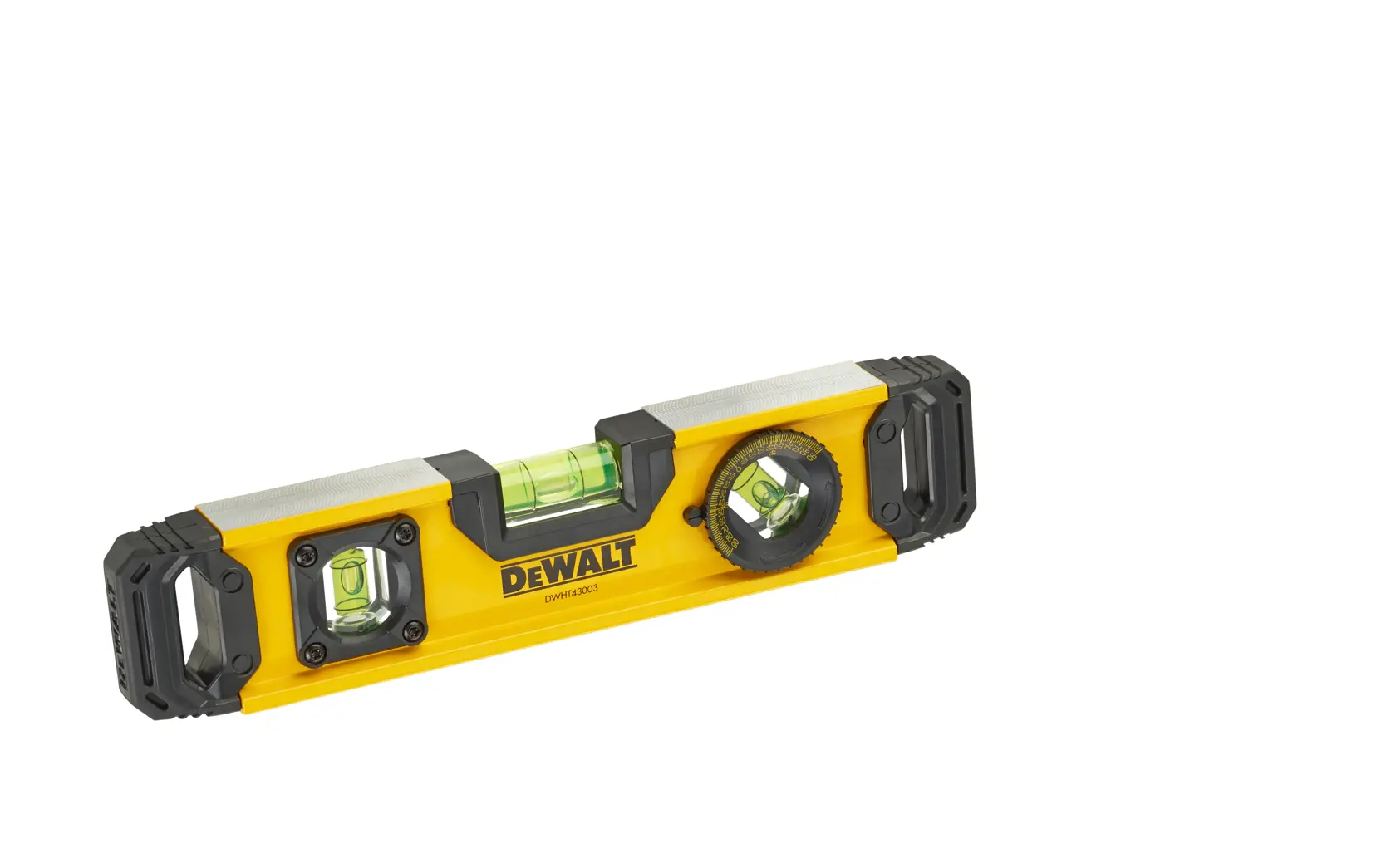 Nivel DEWALT amarillo con tres burbujas y extremos negros, modelo DWHT0-43003, para nivelación precisa.