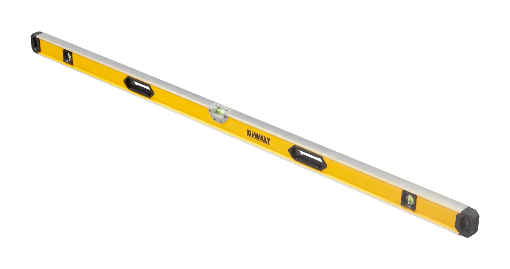 Nivel de burbuja DEWALT amarillo con viales integrados y asas para medir líneas rectas.