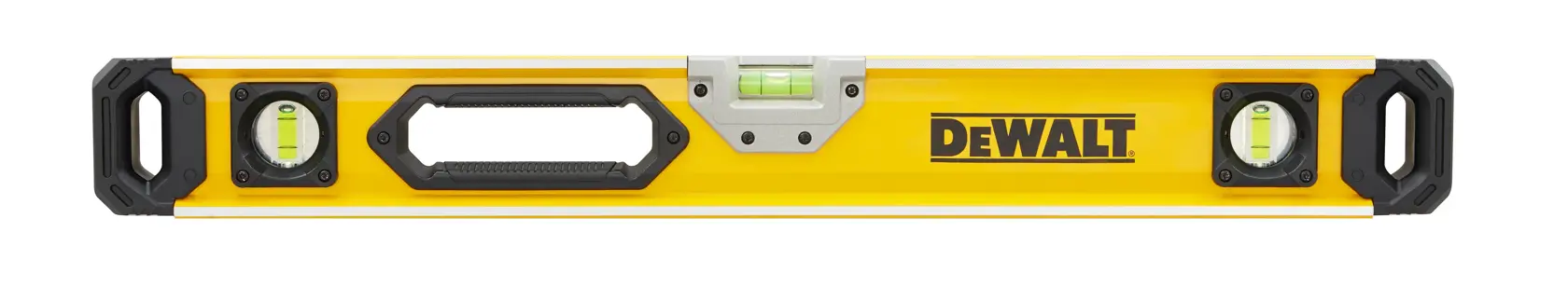 Nivel de burbuja amarillo DEWALT con tres viales y asas, usado para medir superficies rectas y niveladas.