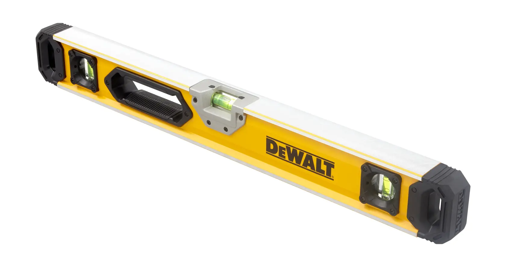 Nivel amarillo DEWALT con mango y tres burbujas, forma rectangular para nivelación precisa.