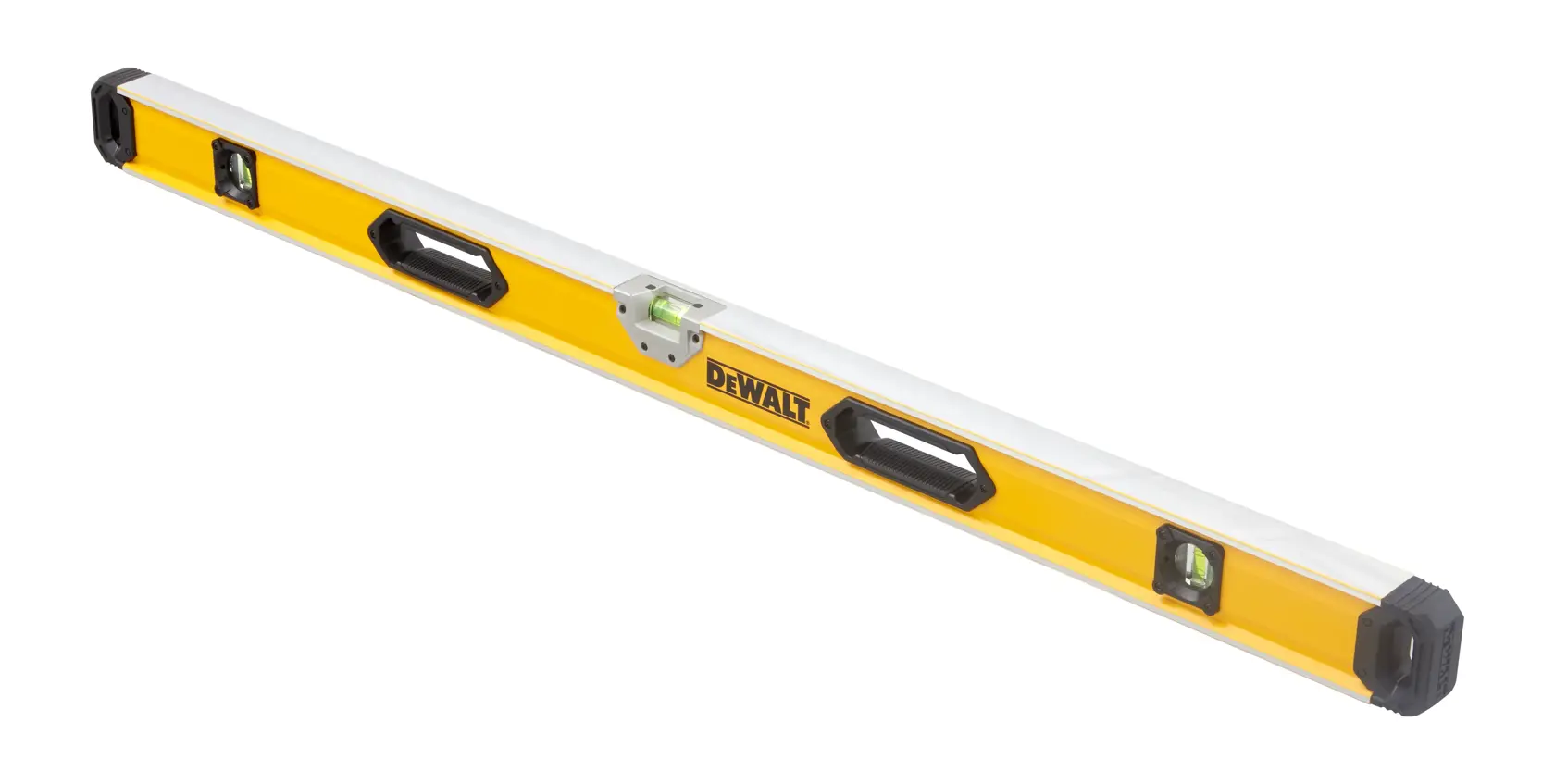 Nivel de burbuja amarillo DEWALT con asas y tres viales, vista inclinada sobre fondo blanco.