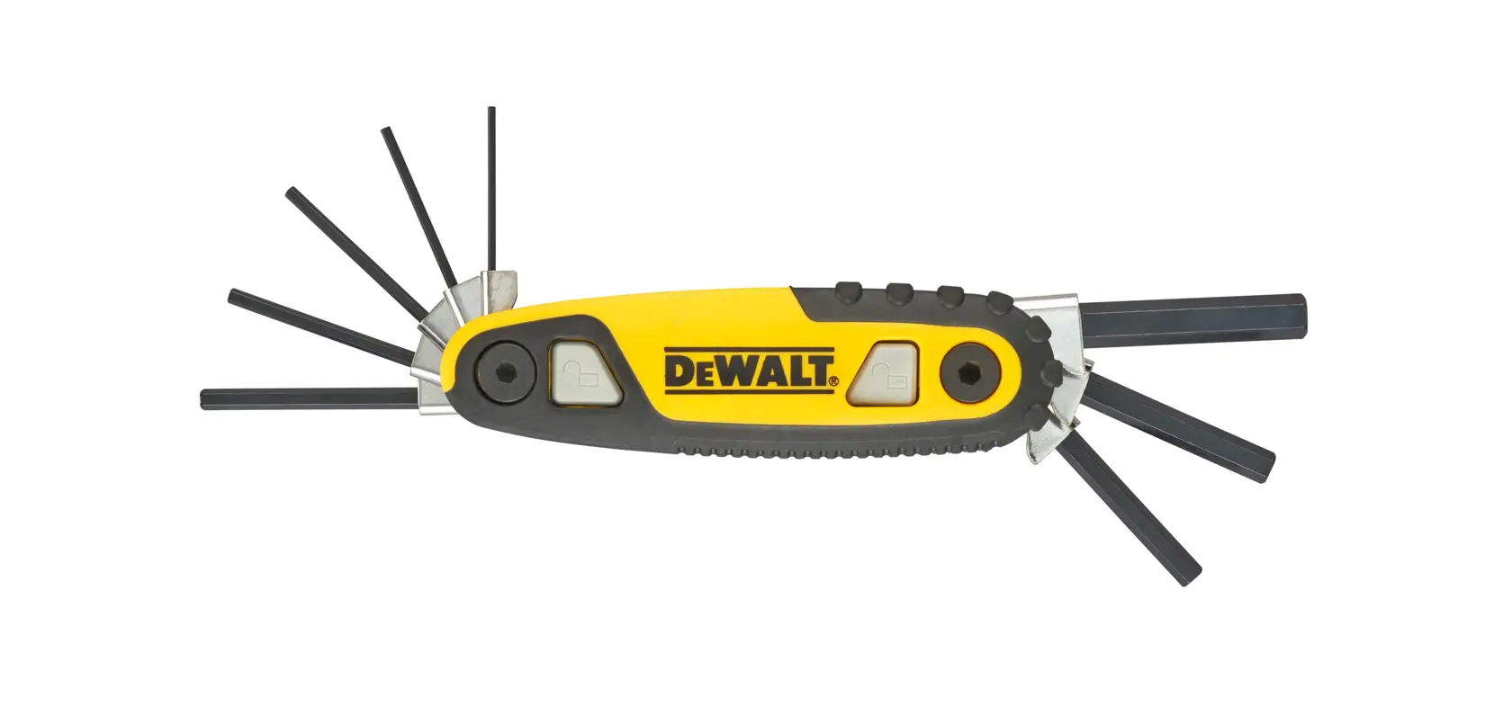 DEWALT Klapp-Inbusschlüsselset mit ausgeklappten Schlüsseln, schwarz-gelber Griff.