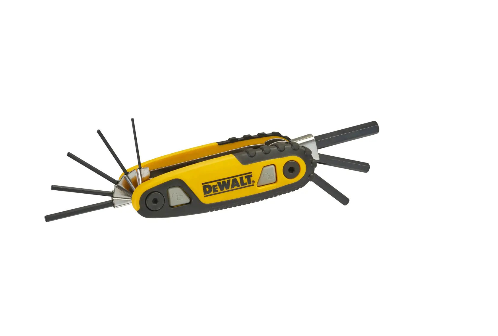 DEWALT faltbares Inbusschlüssel-Set mit mehreren schwarzen Schlüsseln aus gelbem und schwarzem Griff.