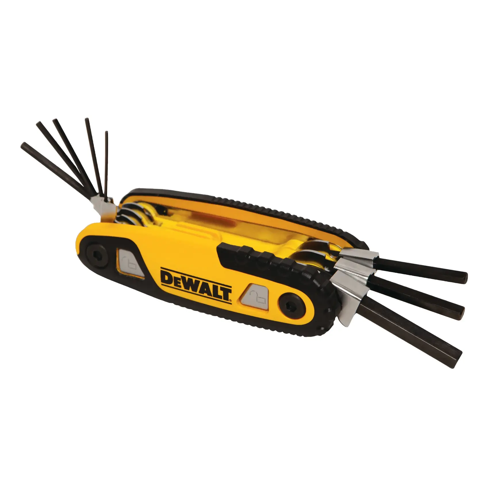 DEWALT faltbares Inbusschlüssel-Set mit mehreren ausgeklappten Schlüsseln, Gelb-Schwarz-Gehäuse, auf Weiß.