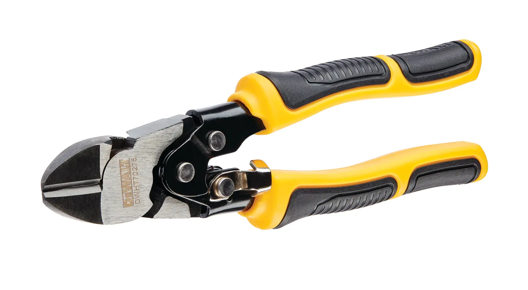 Un alicate de corte diagonal DEWALT resistente con mangos ergonómicos amarillos y negros, diseñado para cortar cables y otros materiales.