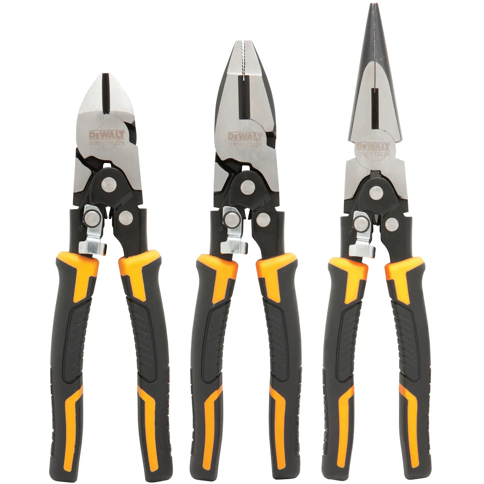 Tres alicates DEWALT con mangos negros y amarillos mostrados verticalmente sobre fondo blanco.