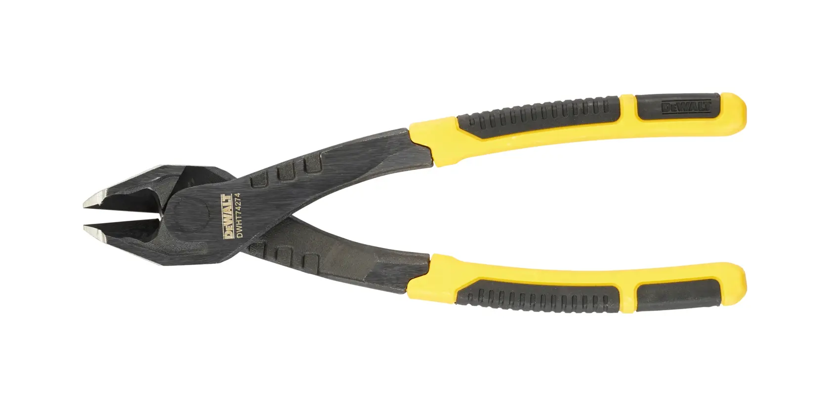 Alicates de corte diagonal DEWALT con mangos amarillos y negros, herramienta para cortar alambres en fondo blanco.