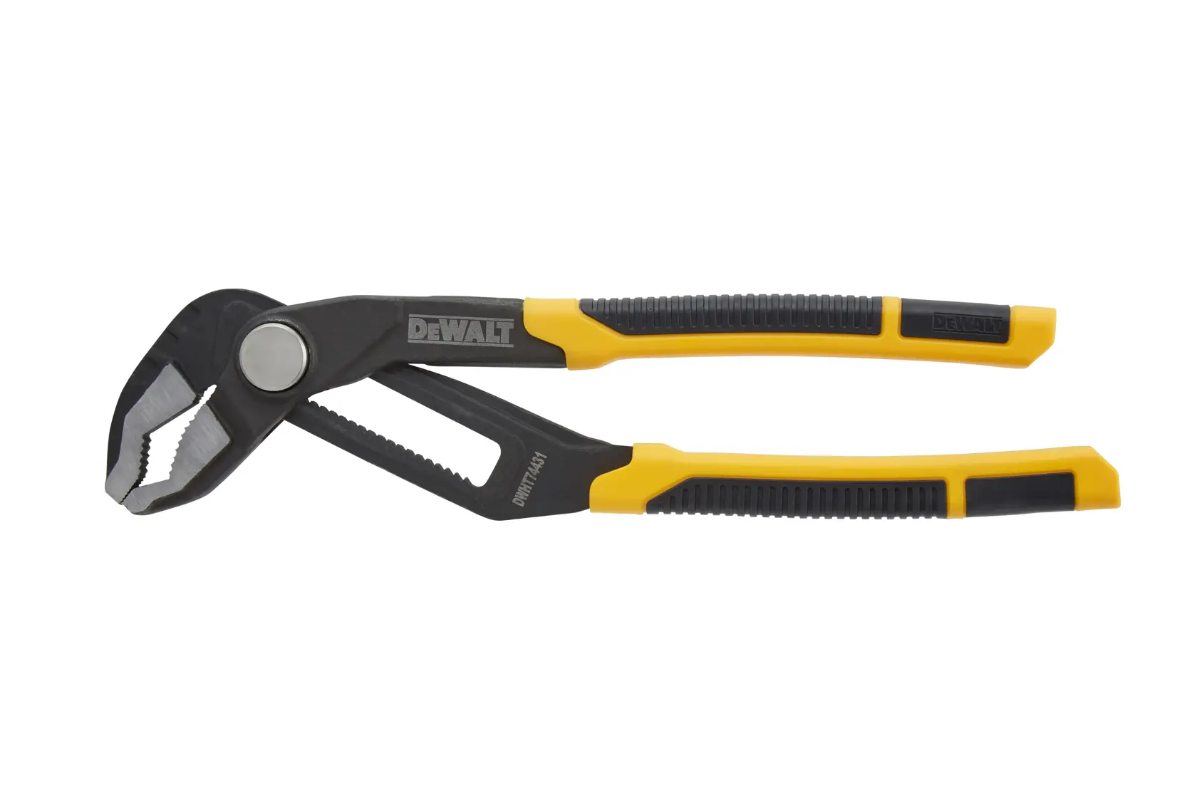 Alicates ajustables DEWALT con mangos amarillos y negros, mostrados sobre fondo blanco.