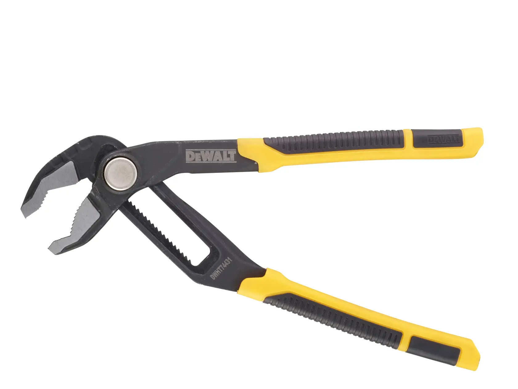 Alicates ajustables DEWALT con mangos amarillos y negros sobre fondo blanco.