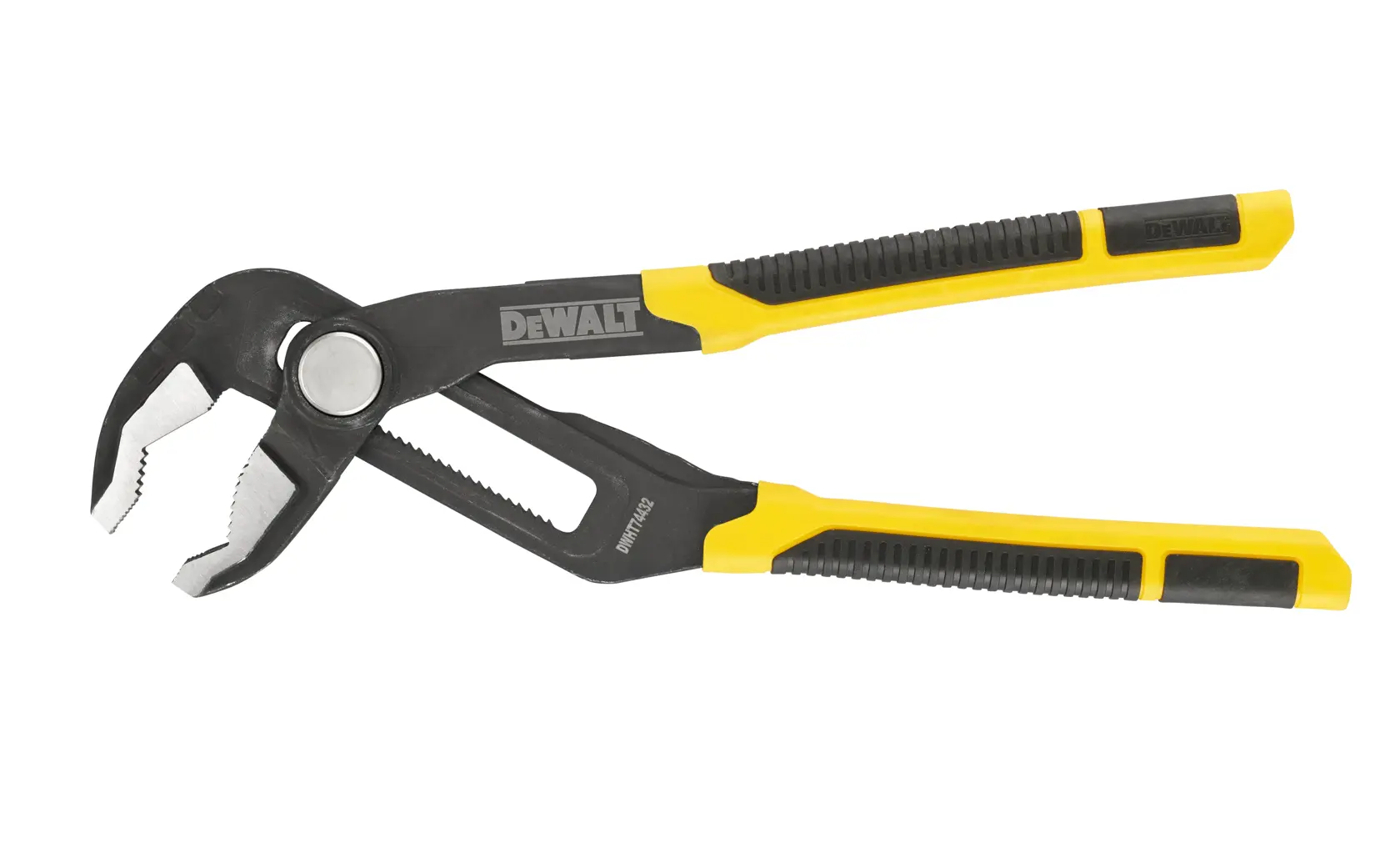 Alicates ajustables DEWALT con mangos negro y amarillo, mostrados sobre fondo blanco.