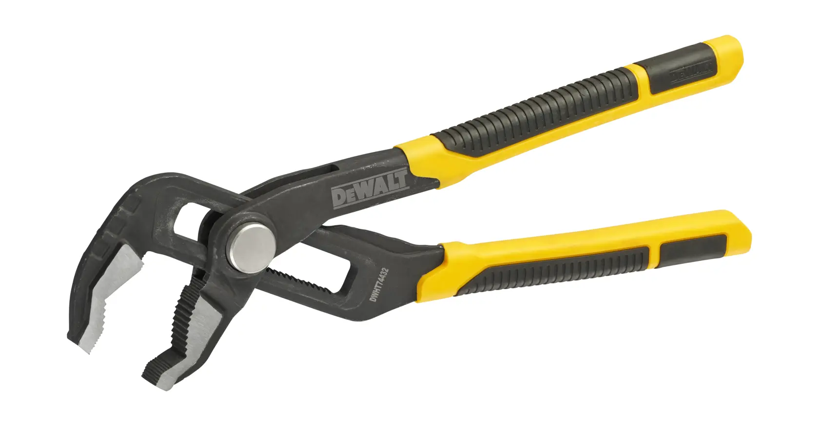 Alicate ajustable DEWALT con mangos amarillos y negros, usado para agarrar y girar objetos.