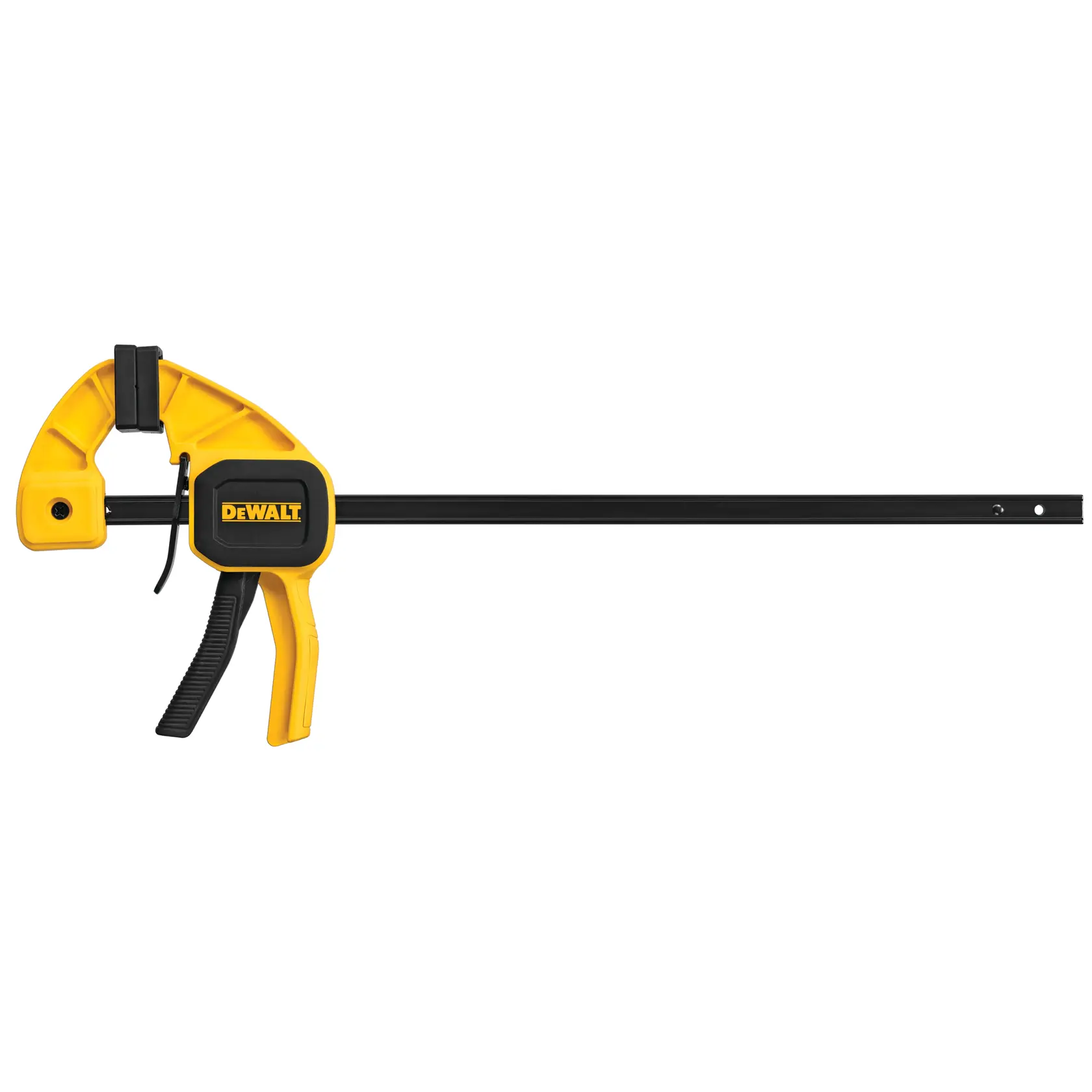 Sargento amarillo y negro DEWALT con barra larga para sujetar materiales con seguridad.
