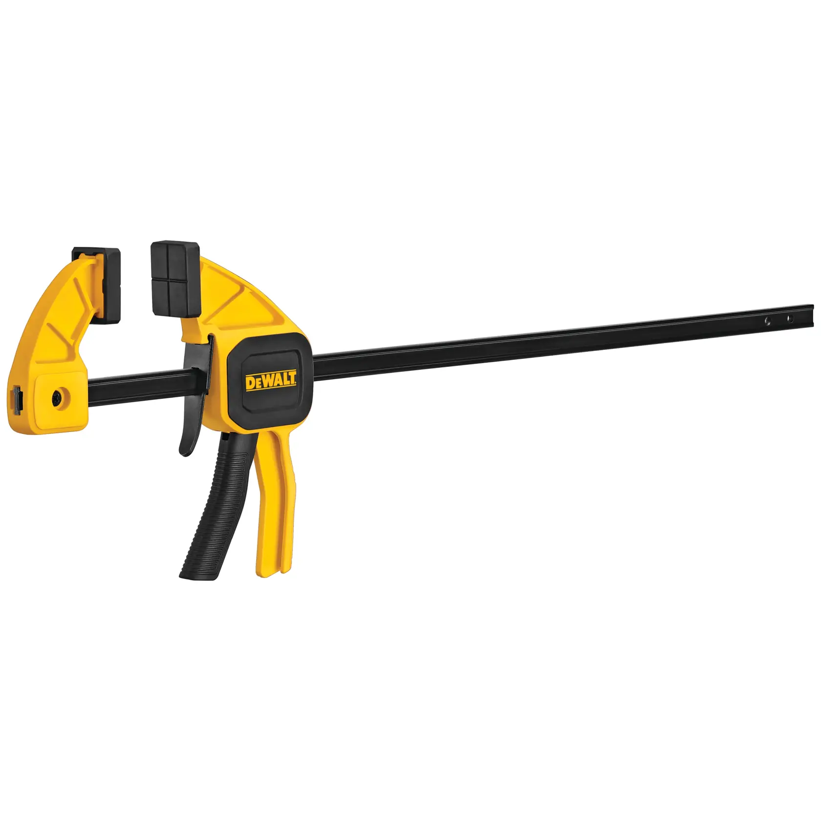 Sargento de gatillo DEWALT amarillo y negro con barra ajustable para sujetar materiales en carpintería.