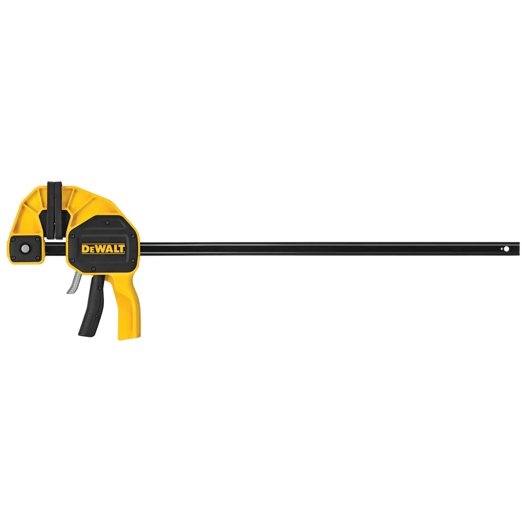 Sargento DEWALT amarillo y negro, usado para sujetar materiales en carpintería o construcción.