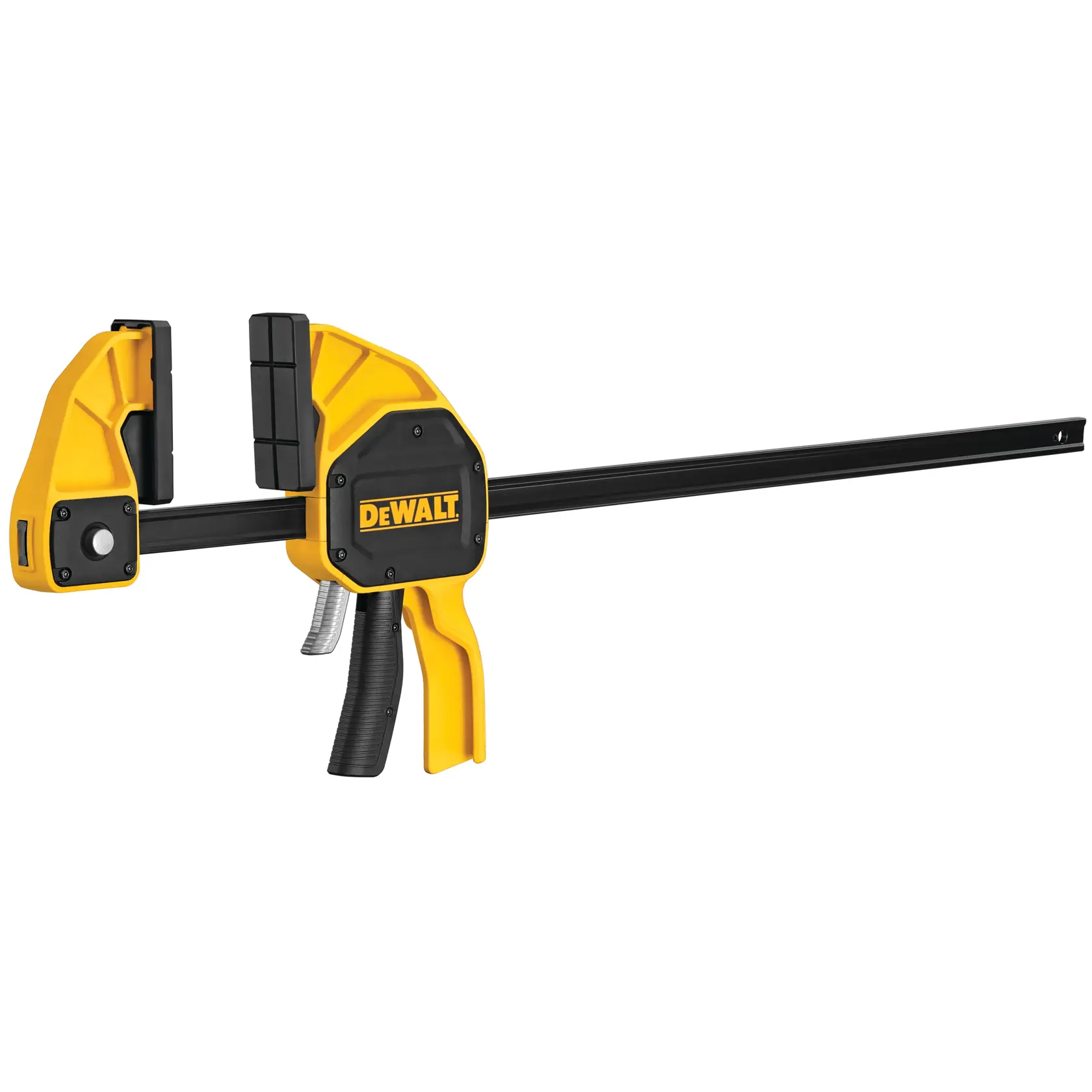 Pinza de gatillo DEWALT amarillo y negro para trabajos de carpintería y construcción.