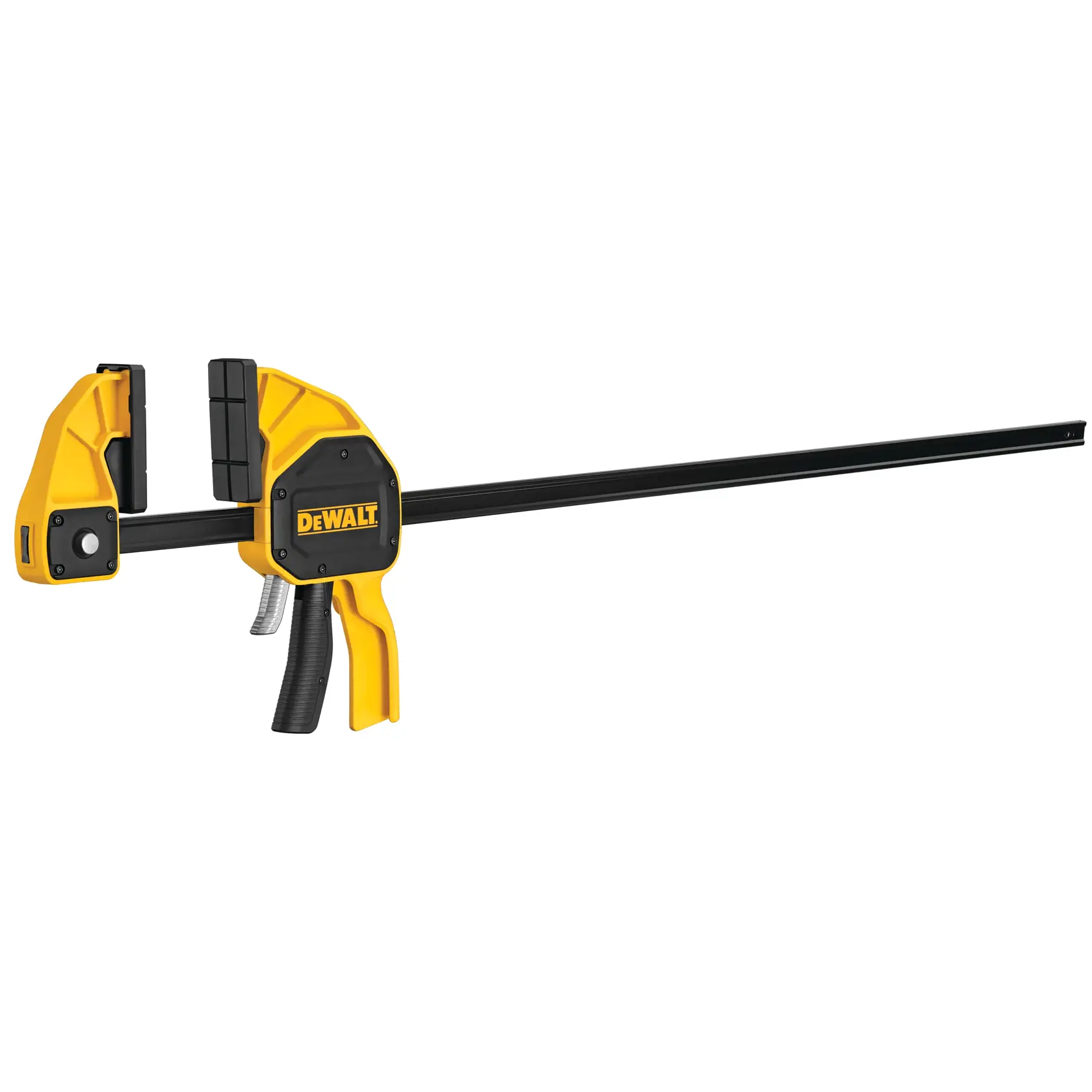 DEWALT trigger clamp with yellow and black body, used for securing materials during woodworking or construction.