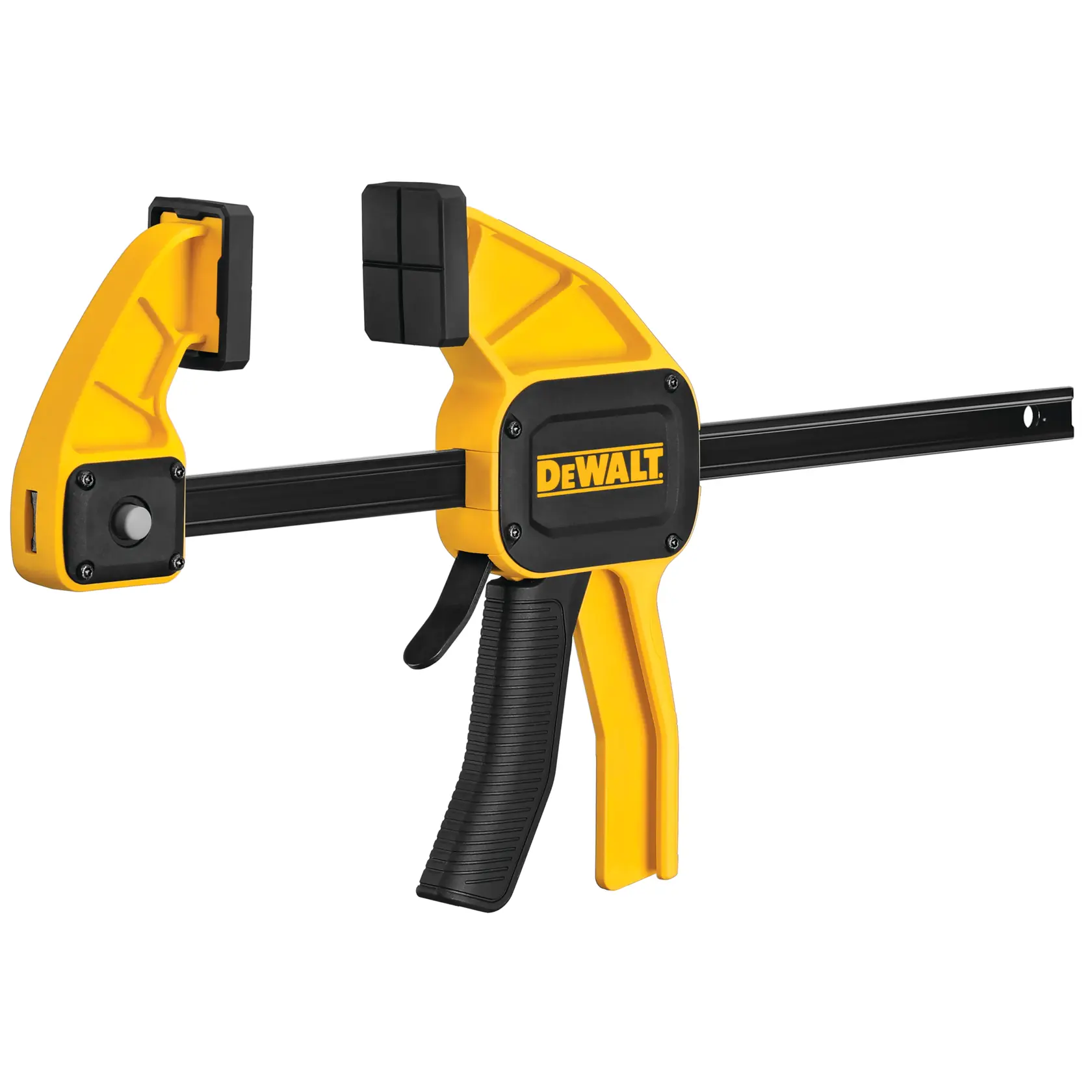 DEWALT gelb-schwarze Zwinge mit gepolsterten Backen zum sicheren Fixieren von Materialien bei der Arbeit.