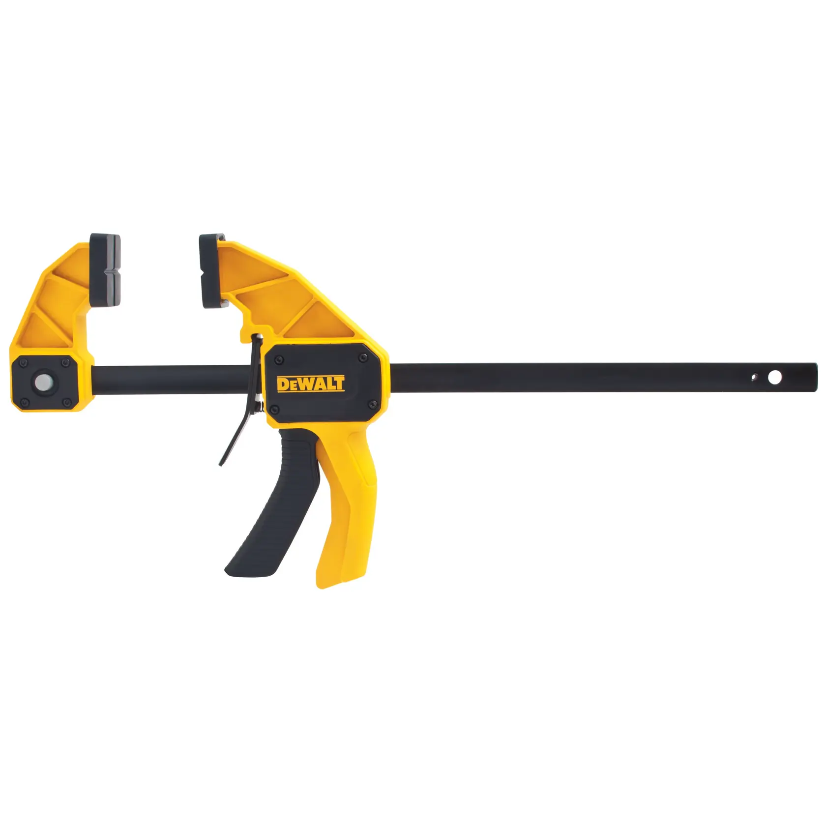 Sargento de barra DEWALT amarillo y negro con mango, para sujetar materiales en carpintería o bricolaje.