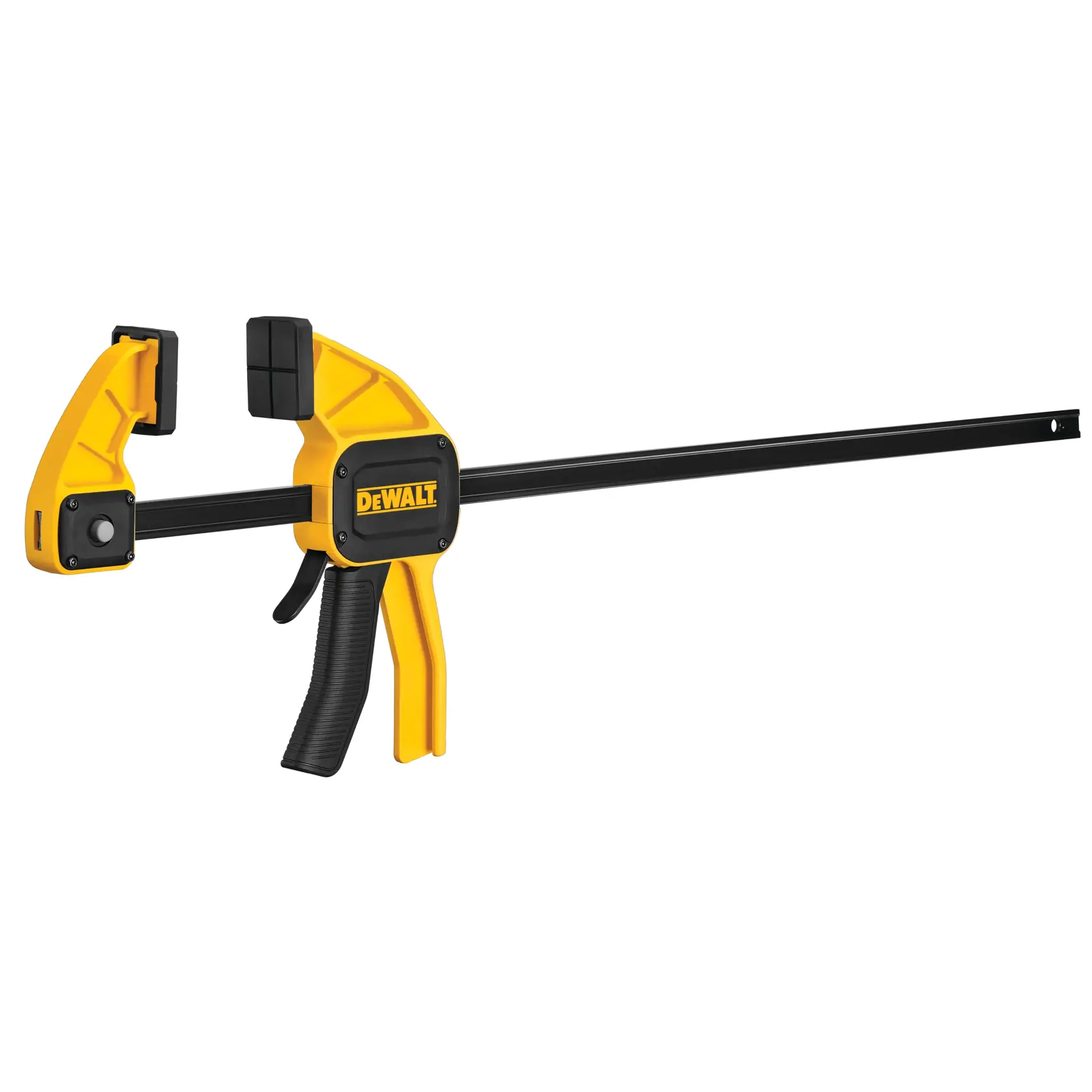 Pinza de gatillo DEWALT negra y amarilla, usada para carpintería y fijar materiales.