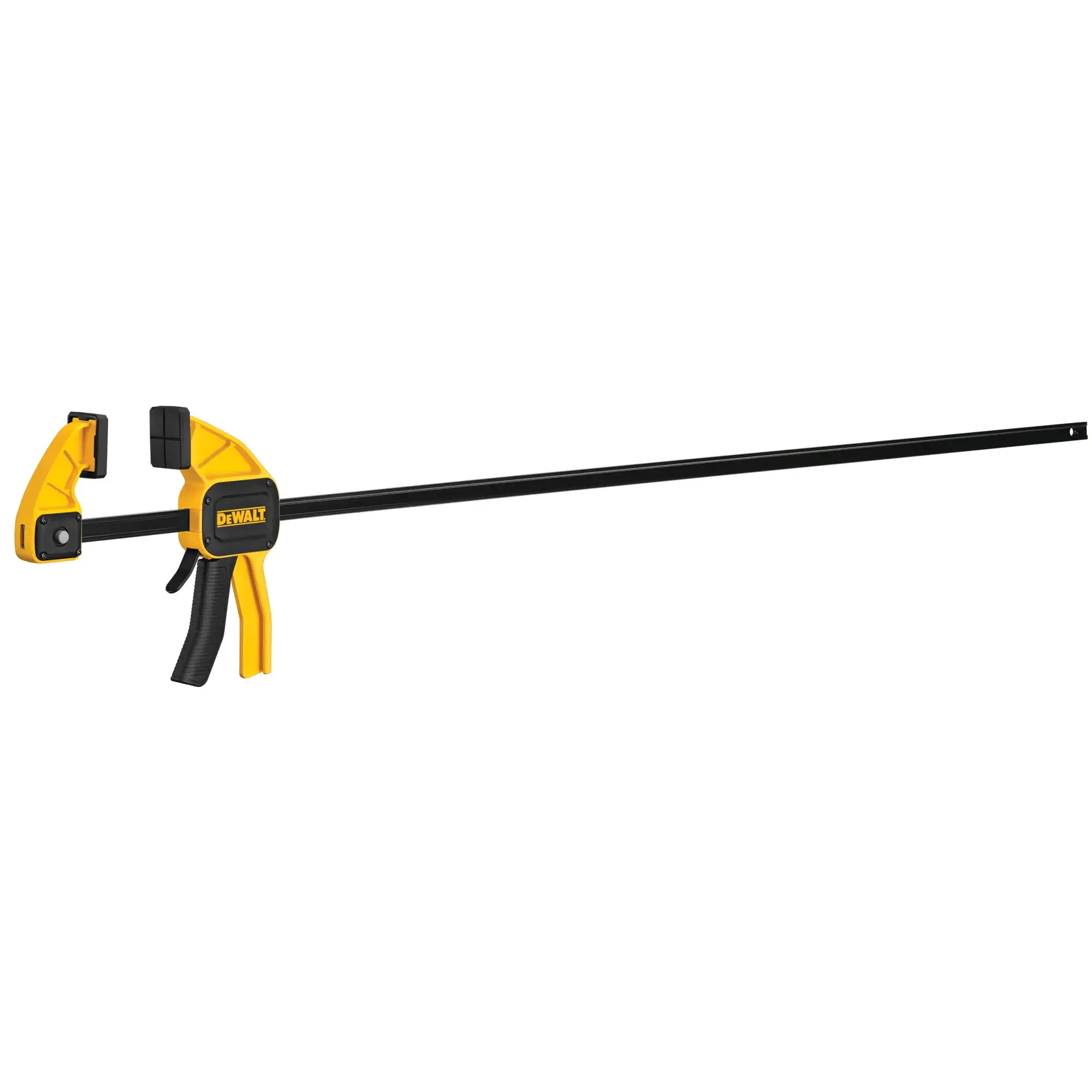 Yellow and black DEWALT bar clamp with trigger grip, designed for secure woodworking and material holding.