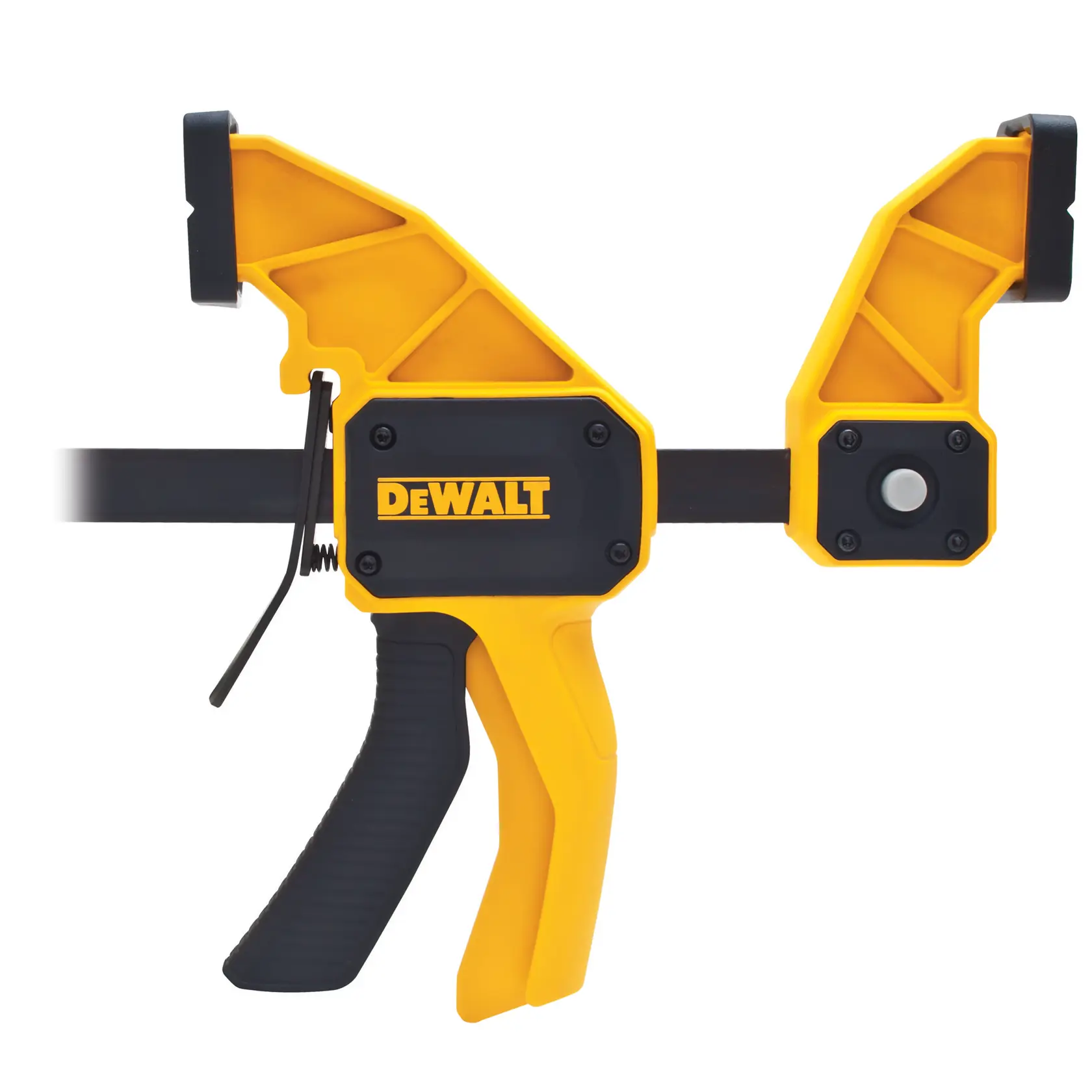 DEWALT yellow and black trigger clamp with ergonomic handle, used for securing workpieces.