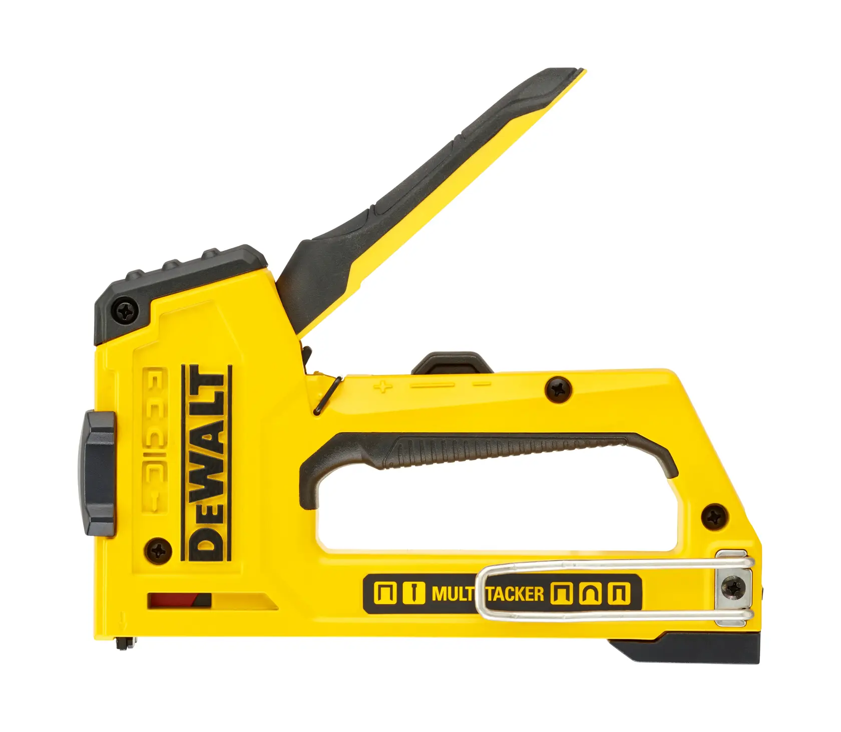 Herramienta multi-tacker DEWALT amarilla con mango ergonómico para grapar o fijar.