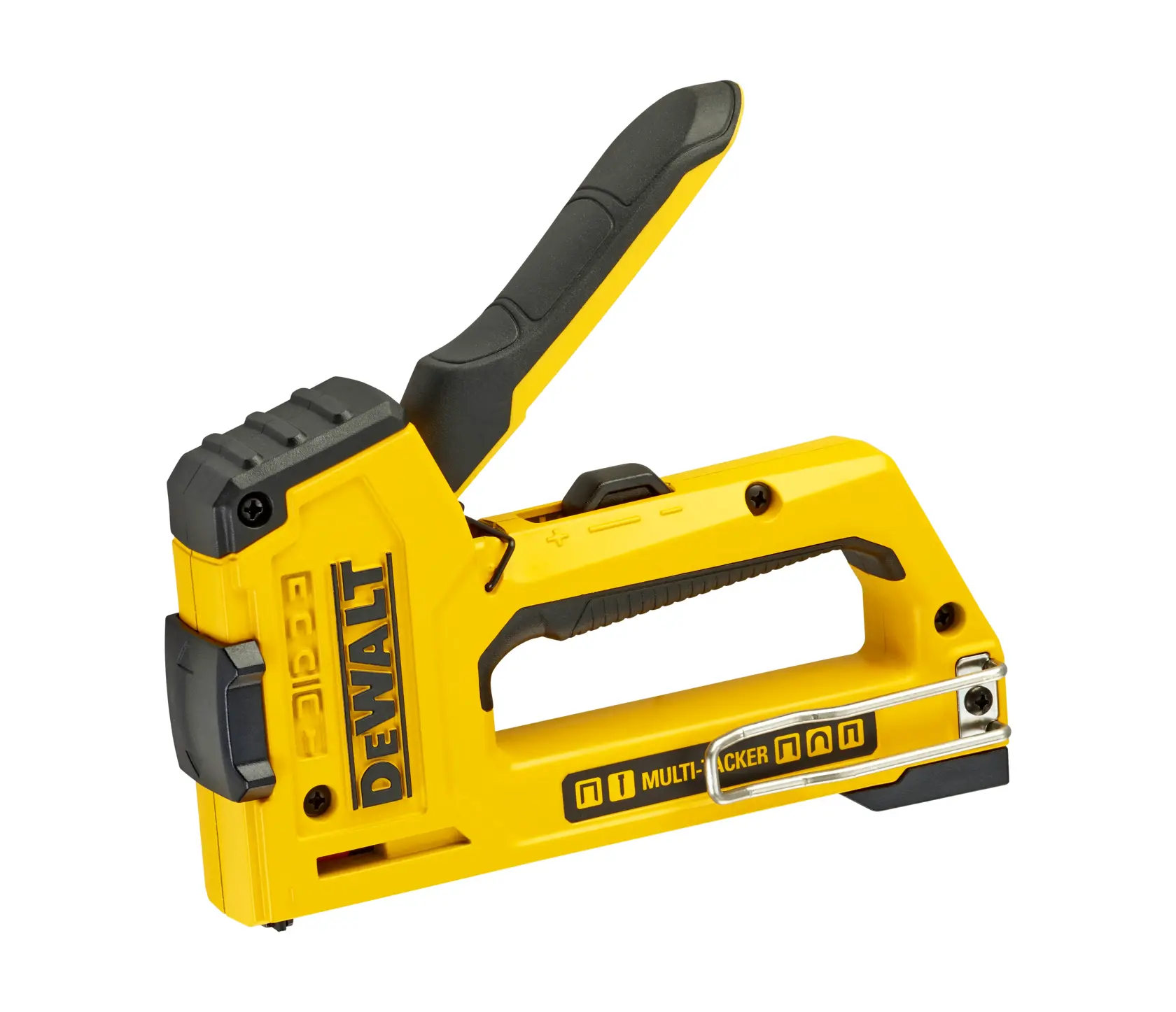 Grapadora manual amarilla DEWALT DWHT0-TR510 con mango ergonómico para tareas de grapado.