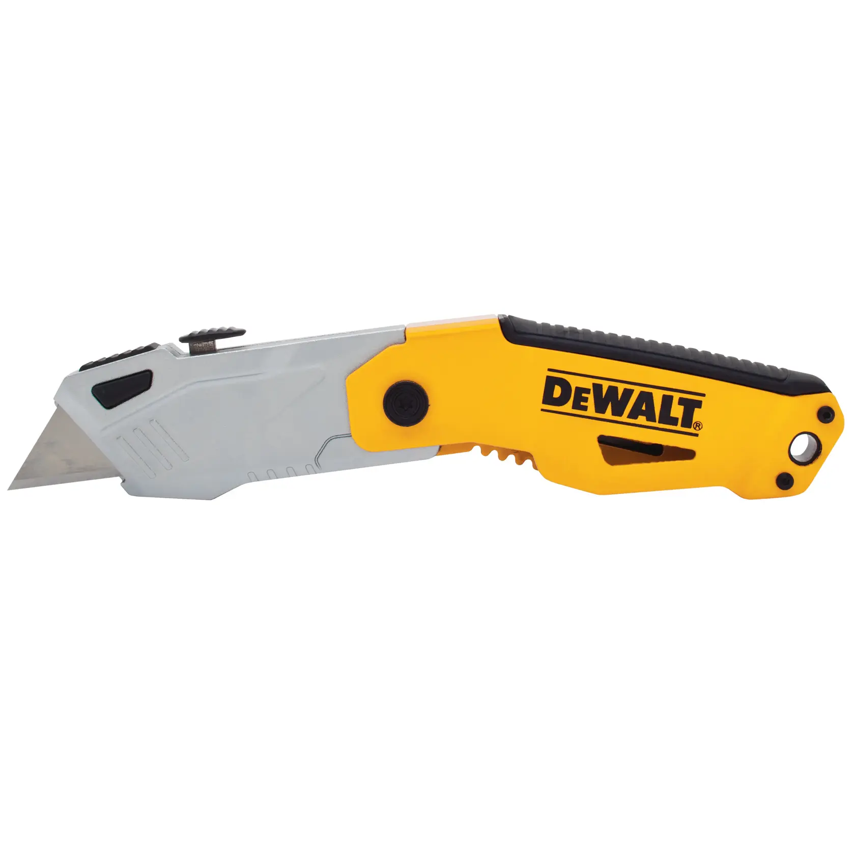 Cuchillo plegable DEWALT con mango amarillo y negro y hoja visible.