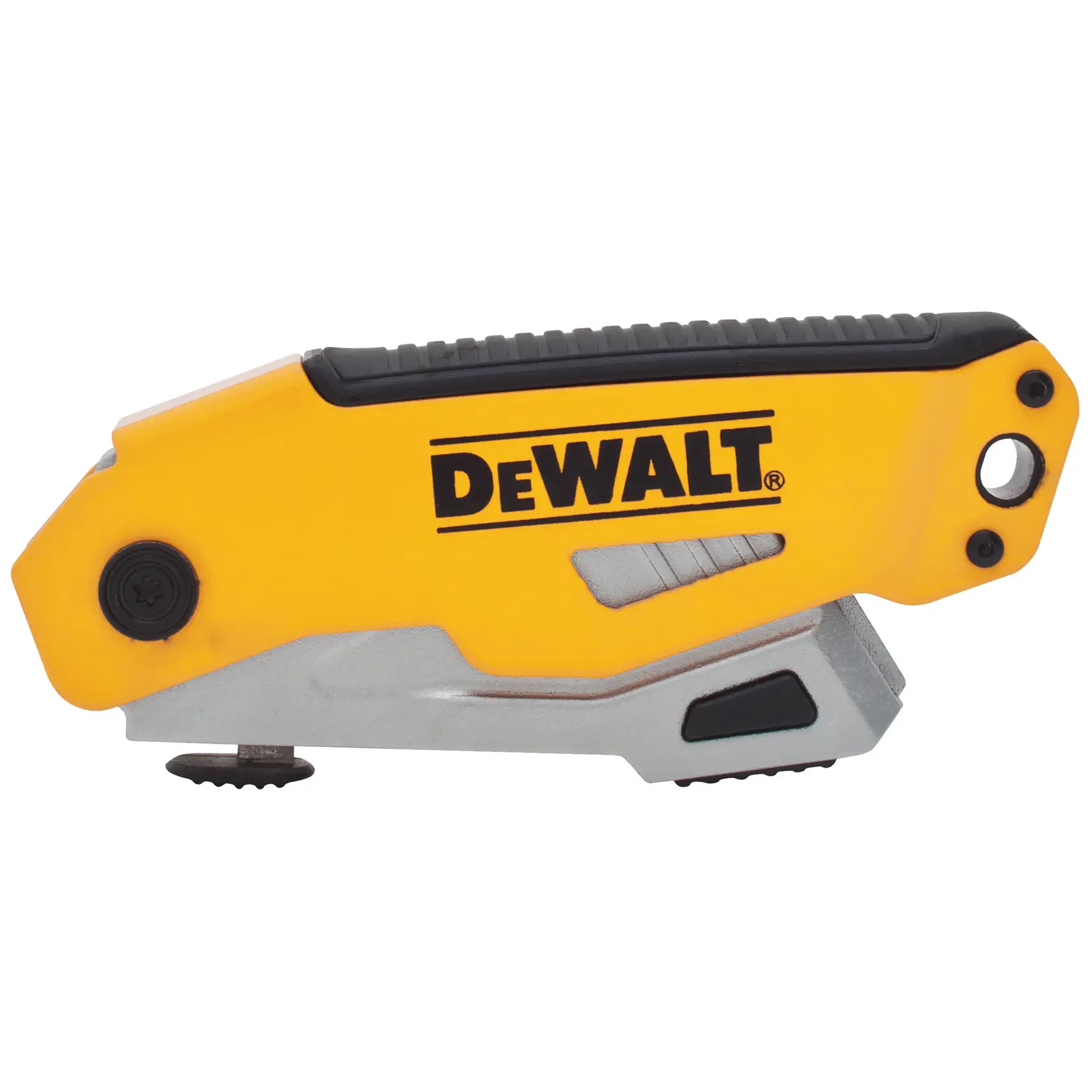 Cuchillo plegable DEWALT amarillo con detalles en negro y plata, cerrado y visto de lado.