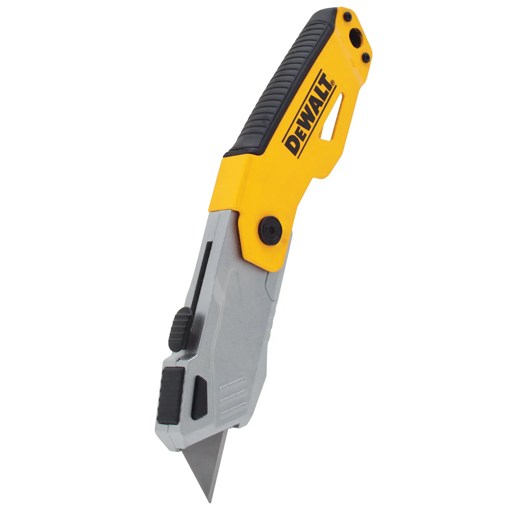 Cúter plegable DEWALT con mango amarillo y negro y hoja extendida, en fondo blanco.
