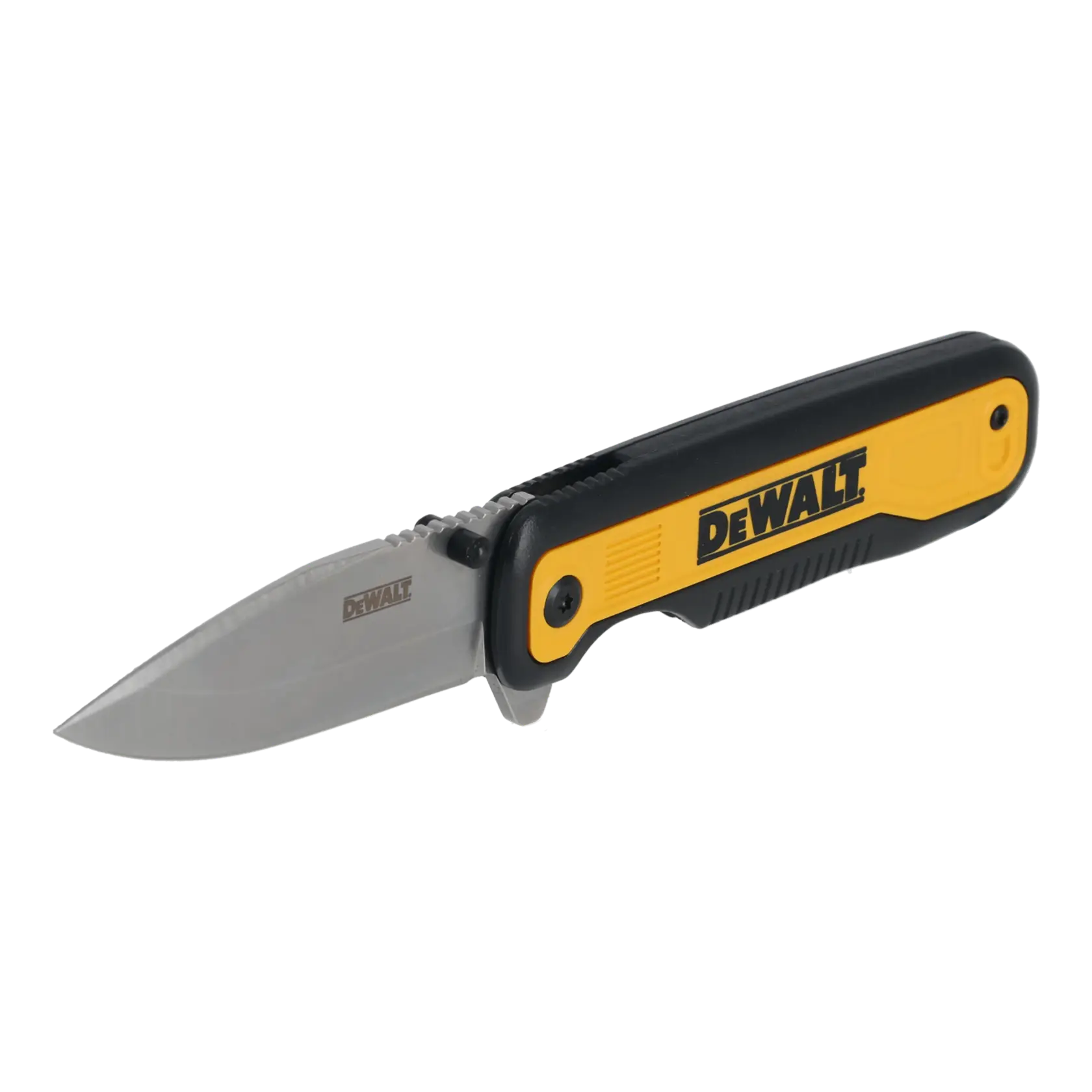 DEWALT folding knife with yellow and black handle, partially open, shows brand logo on handle and blade.