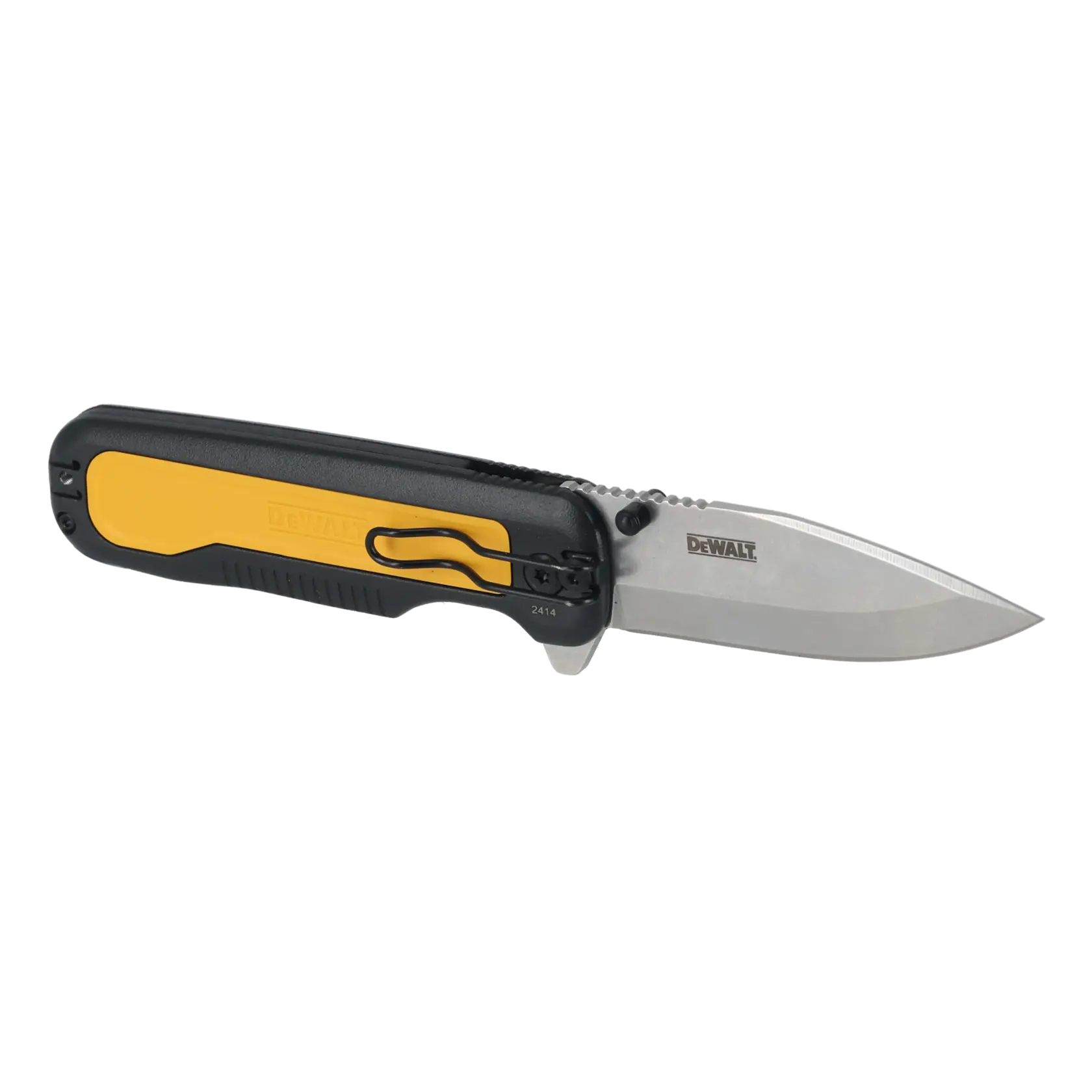 DEWALT folding pocket knife with a black and yellow handle, stainless steel blade, and belt clip.